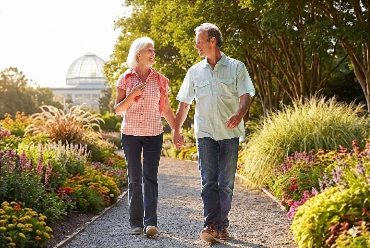 Couple walking through Lewis Ginter Botanical Garden with the Conservatory and gorgeous landscaping in the background.