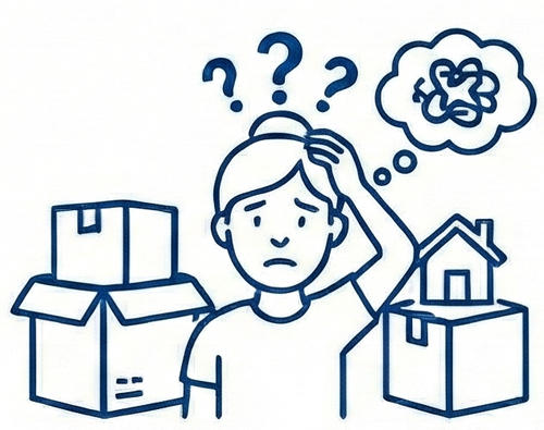 A person looking confused, holding their head, with question marks above, surrounded by cardboard boxes, a house, and a thought bubble with a tangled line.