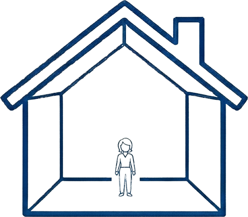 Line drawing of a large house cross-section with a person inside, showing all the extra space.