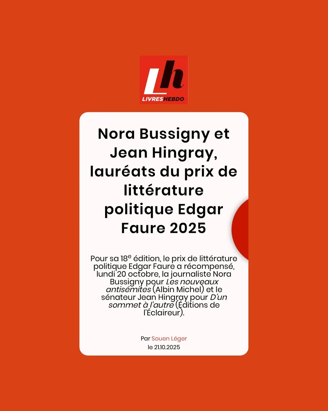 🏆 Une belle reconnaissance !

Jean Hingray remporte le prix de l&rsquo;oeuvre engag&eacute;e Edgard Faure 2025 pour son livre &laquo;&nbsp;D&rsquo;un sommet &agrave; l&rsquo;autre. Christian Poncelet, des Vosges &agrave; l&rsquo;&Eacute;tat&nbsp;&ra