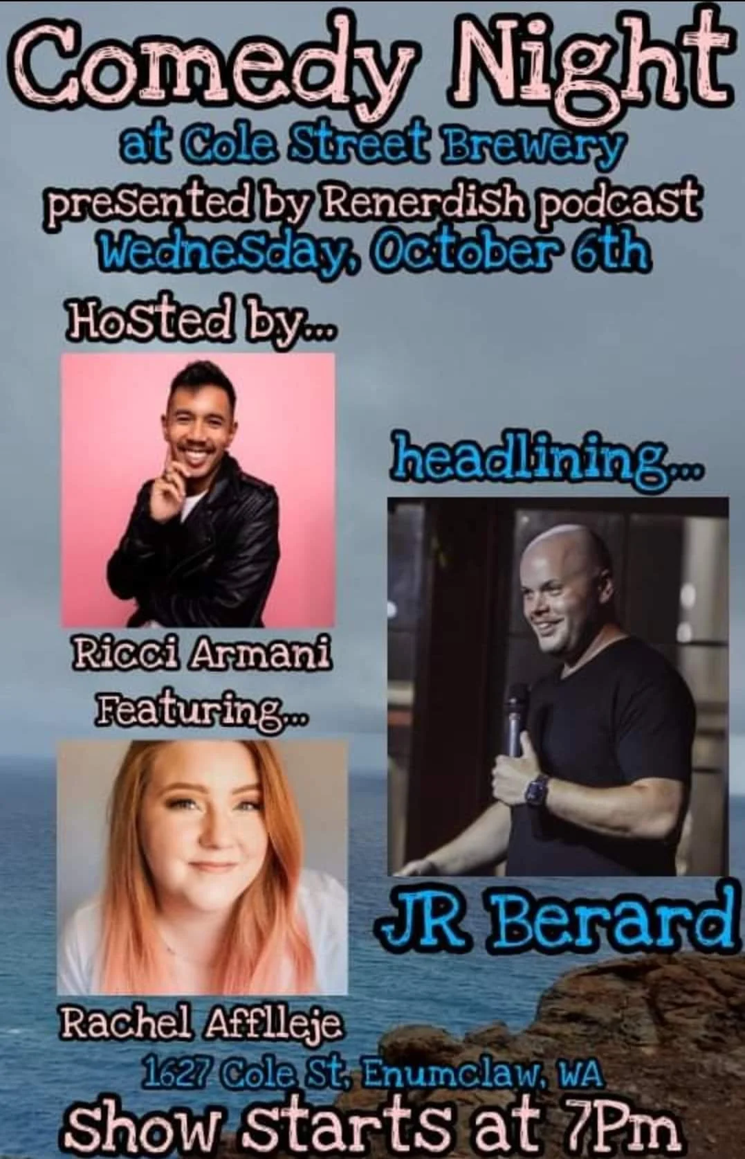 Cole street brewing poster flyer for stand up comedy featuring, ricci armani, JR berard rachel aflleje