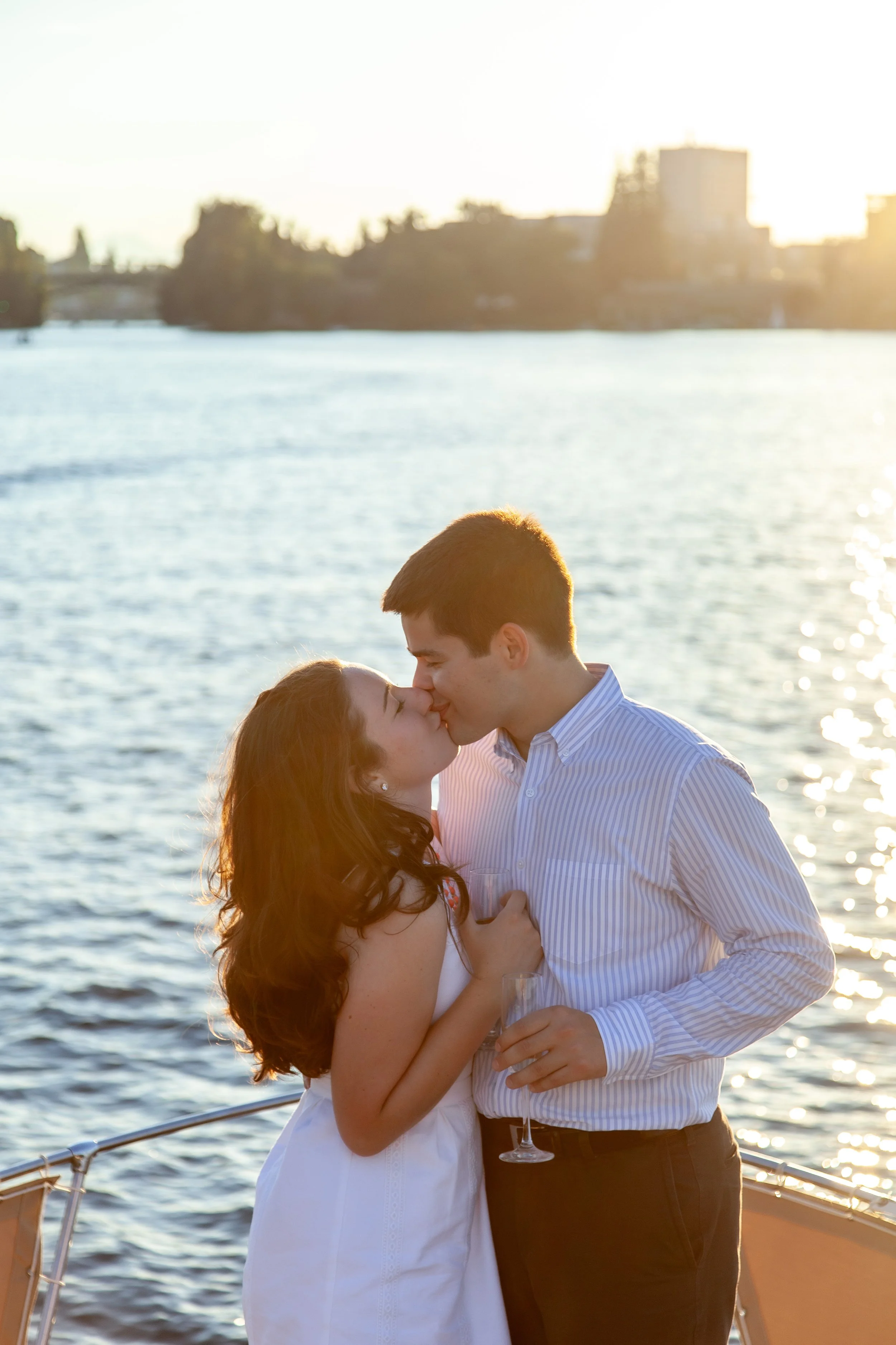 lake union, charter yacht proposal, couple, engagement, seattle