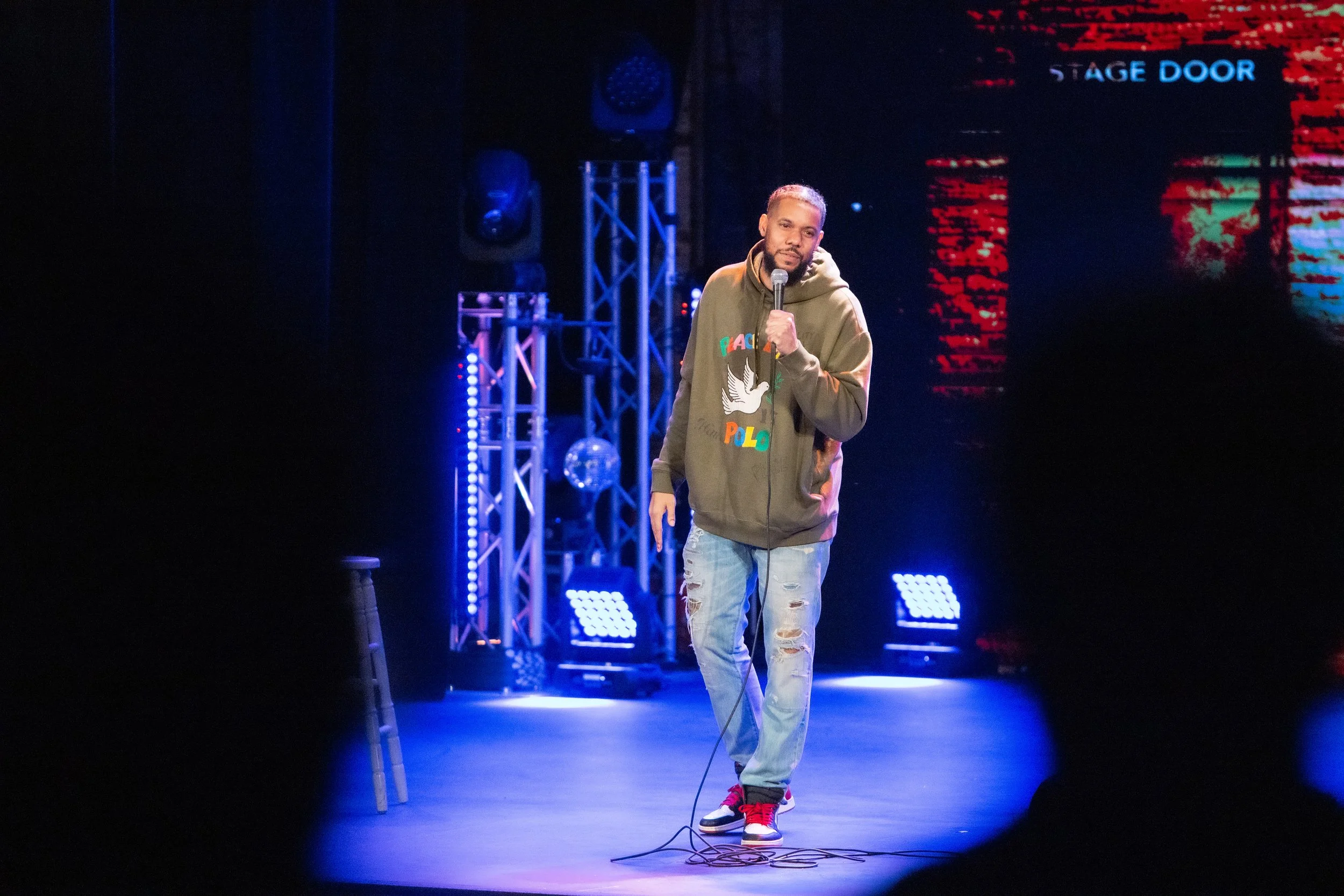 last comic standing's winner, clayton english on stage at the new everett theater for everett comedy hosted and produced by cory michaelis 