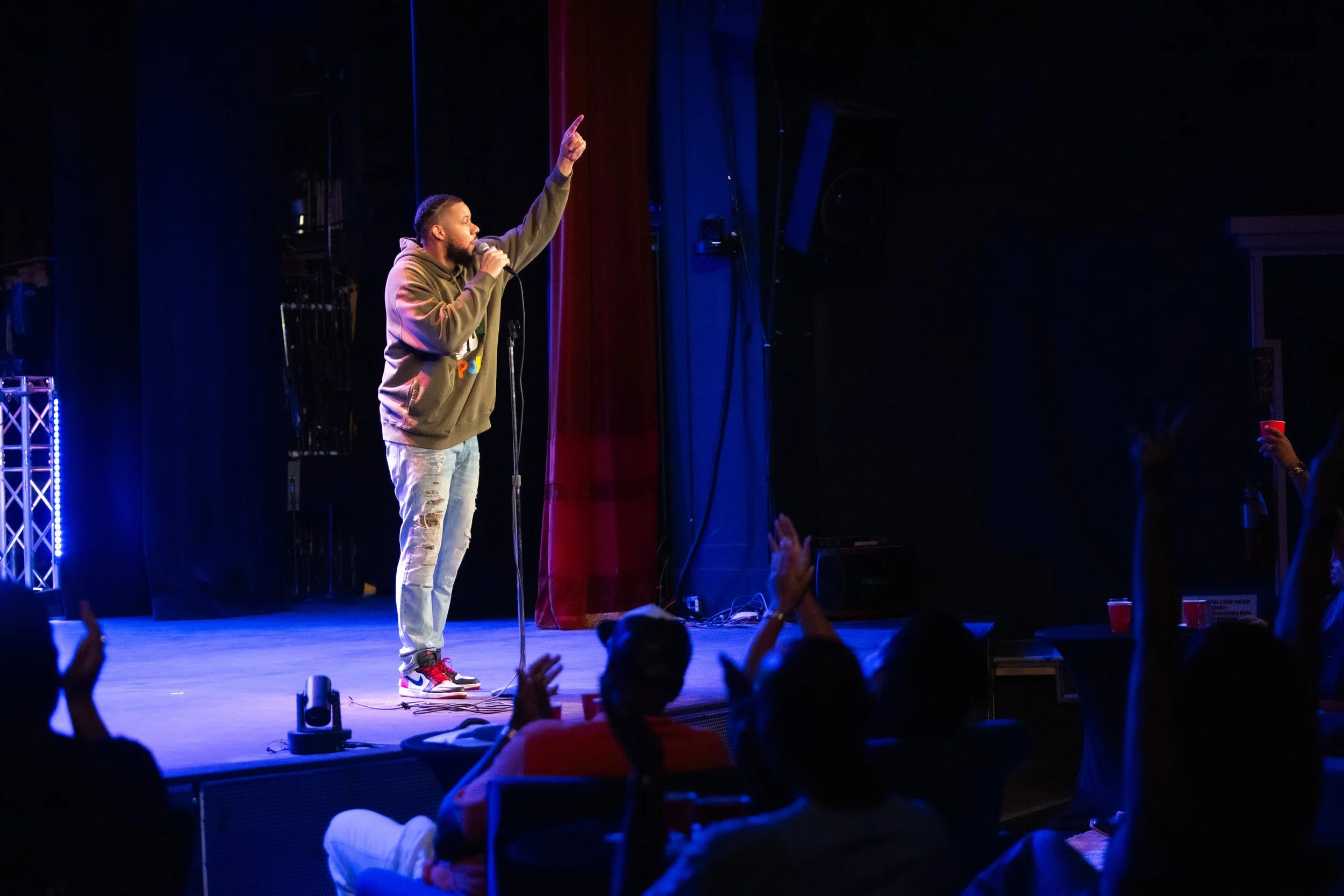 last comic standing's winner, clayton english on stage at the new everett theater for everett comedy hosted and produced by cory michaelis 