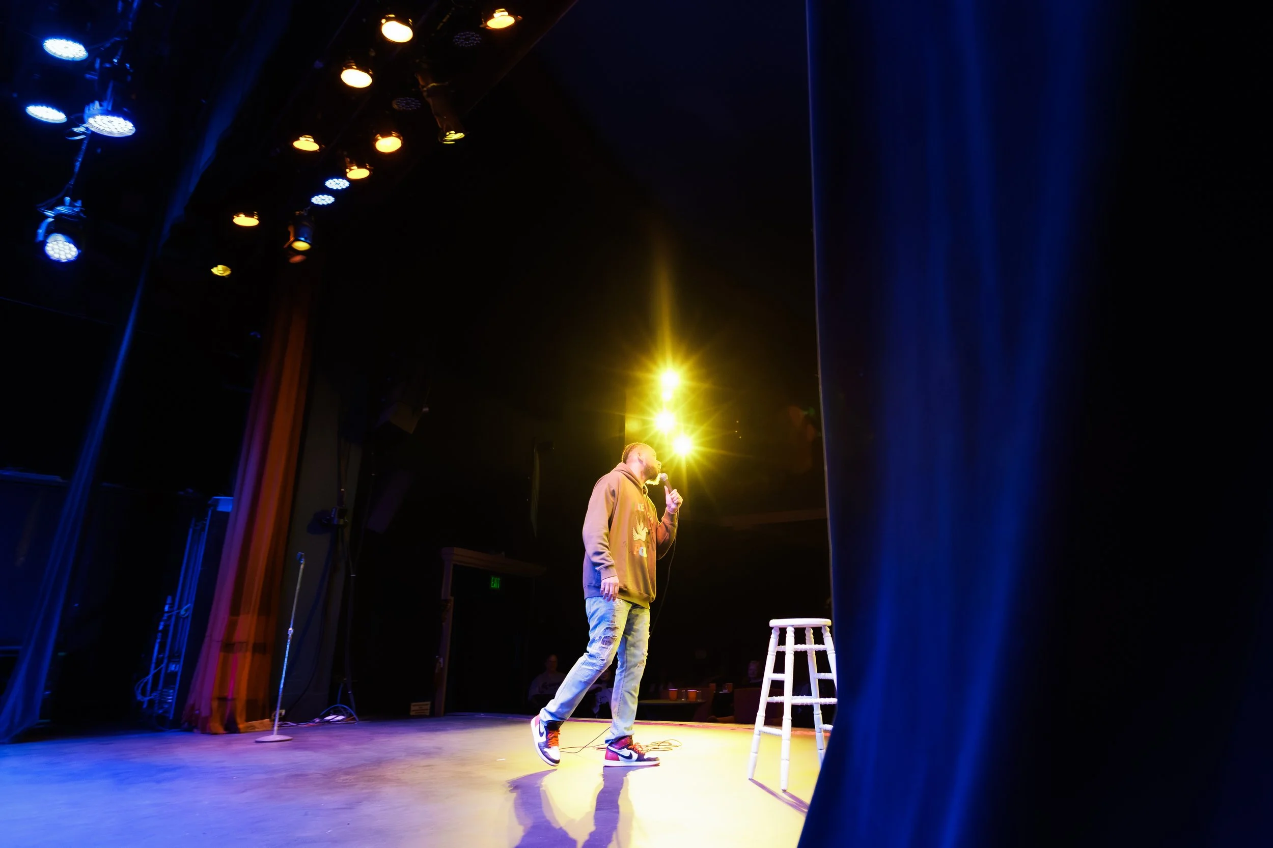 last comic standing's winner, clayton english on stage at the new everett theater for everett comedy hosted and produced by cory michaelis 