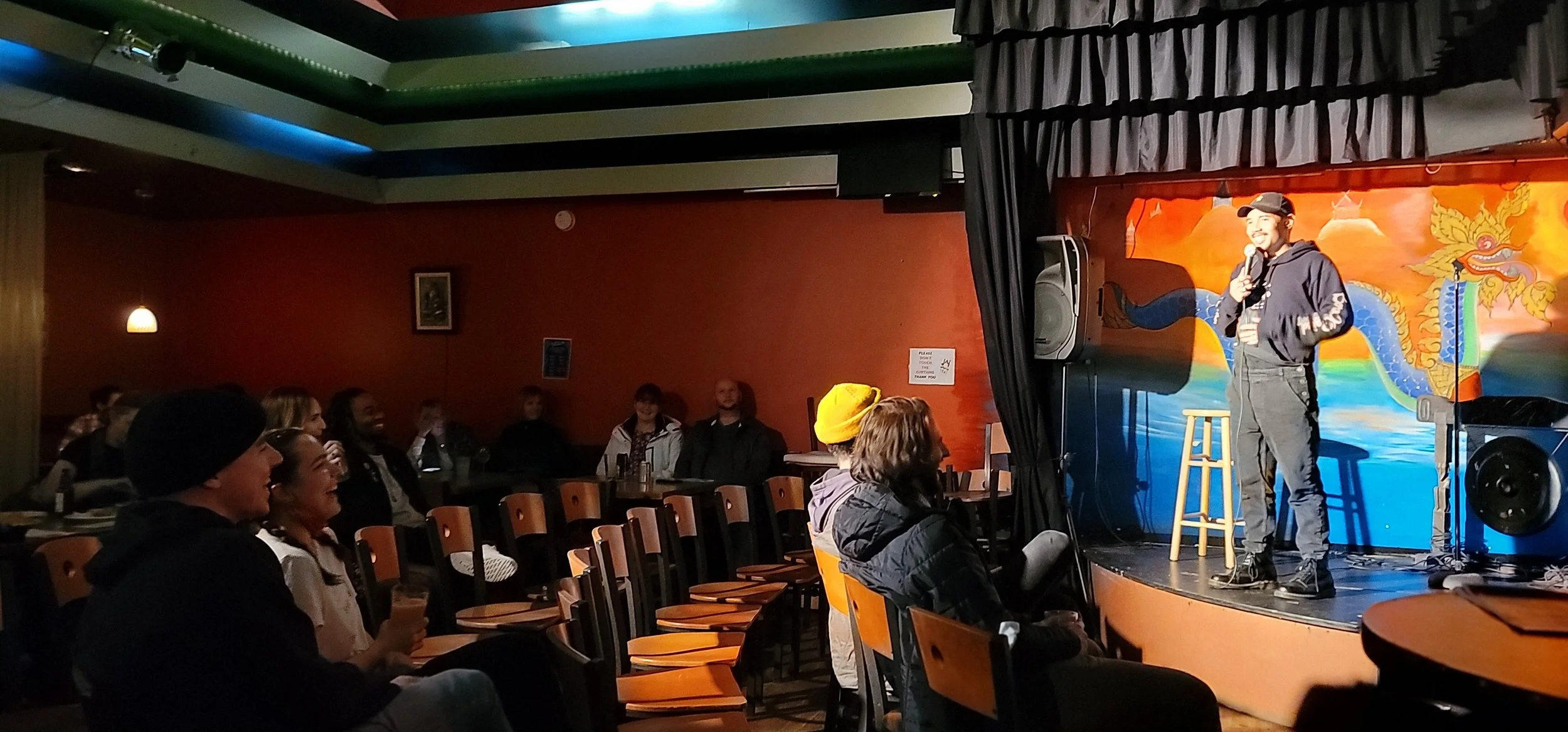 Jai Thai Standup Comedy, Overalls, Ricci Armani, Comedian, Seattle, Broadway, Thai Restaurant,