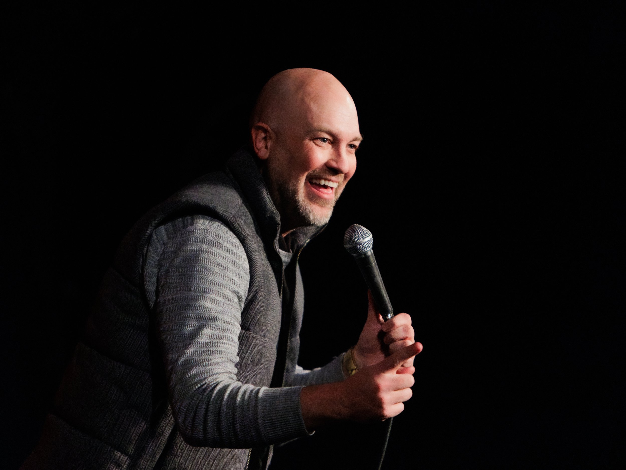cory michaelis, everett comedy, historic everett theater, on stage