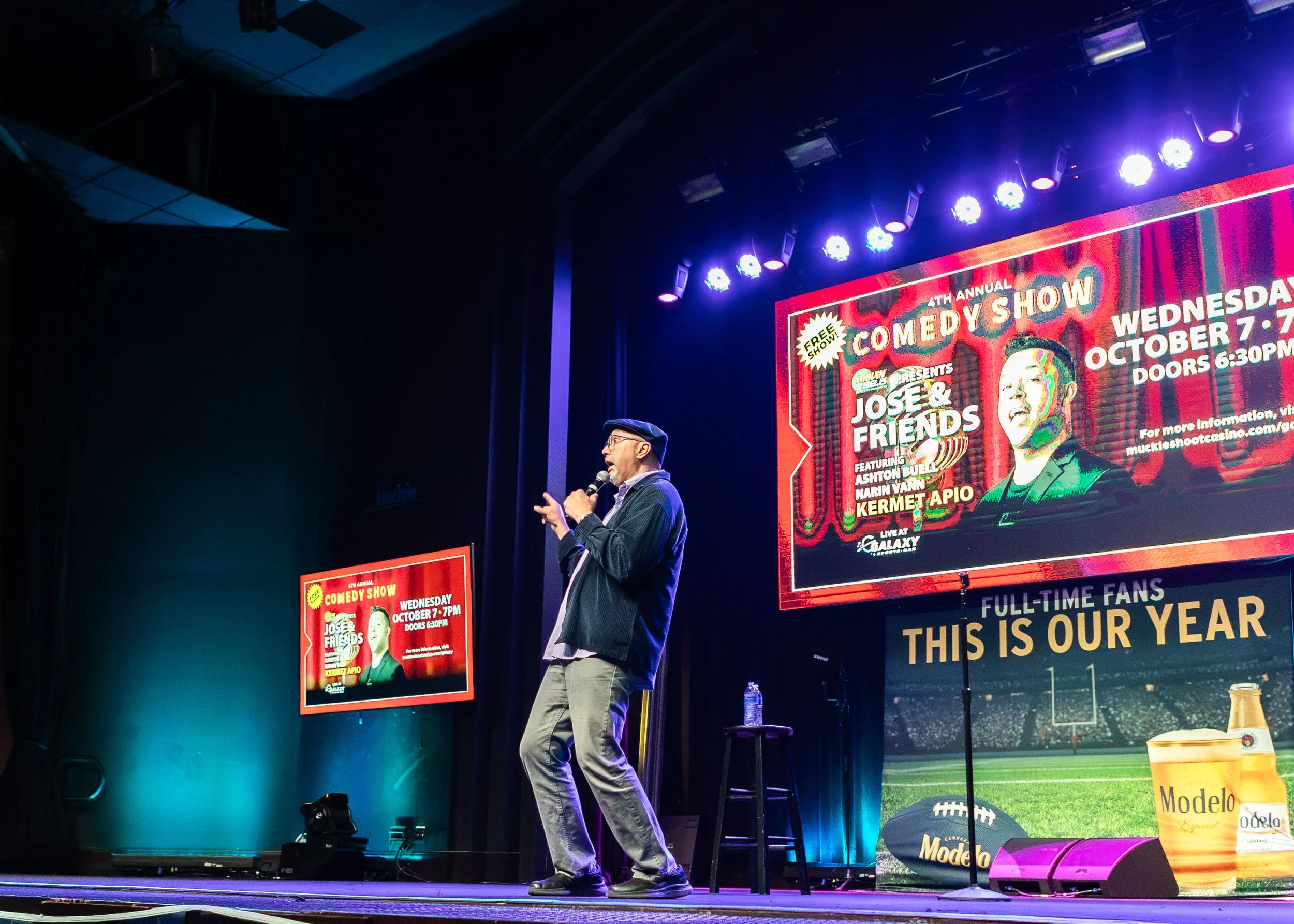 Kermet Apio performs live at the Jose & Friends comedy show at Muckleshoot Casino, photographed by Tayler Berard Creative.