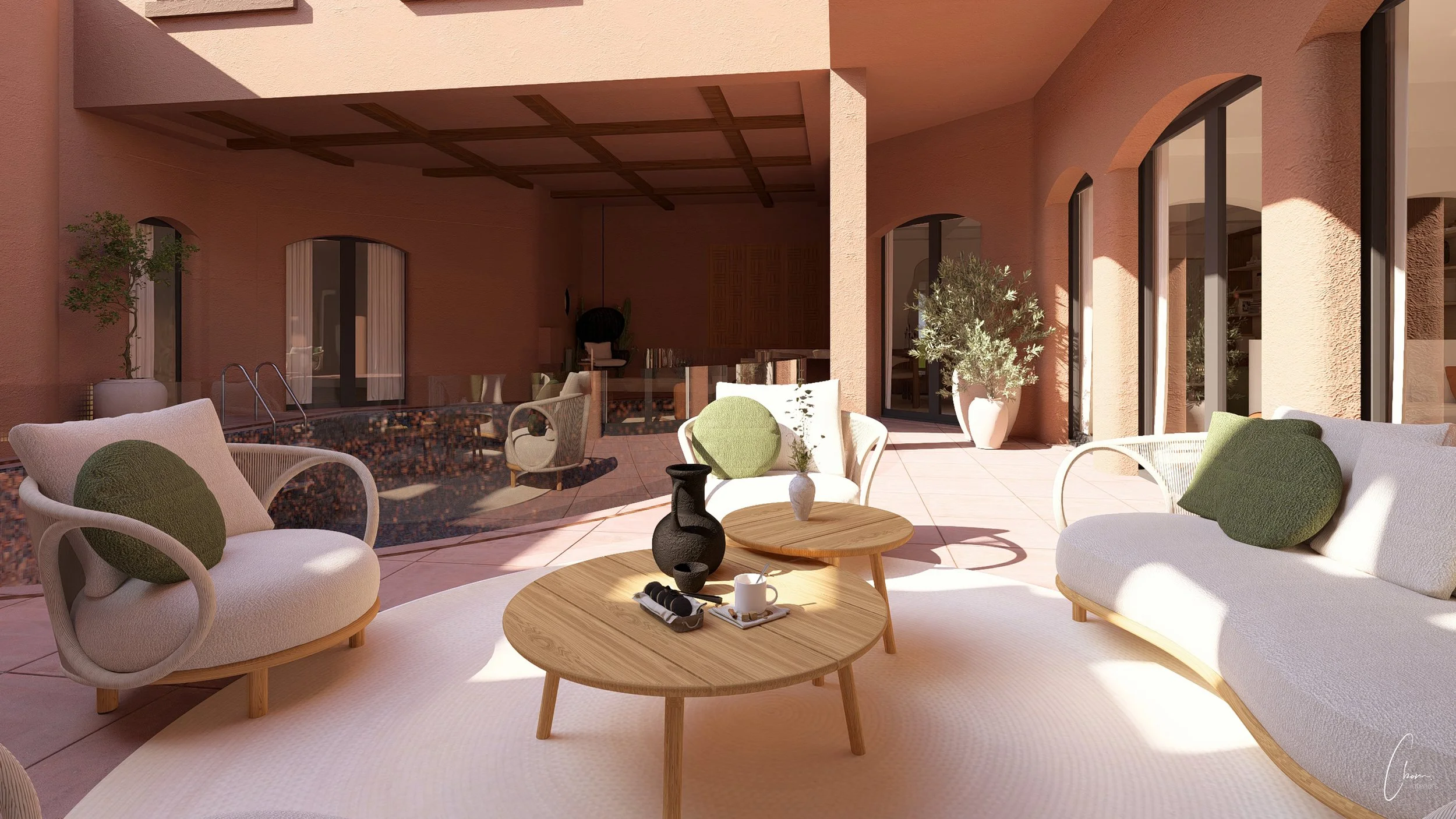 Contemporary terrace open to the lounge, 3D design of an outdoor living space