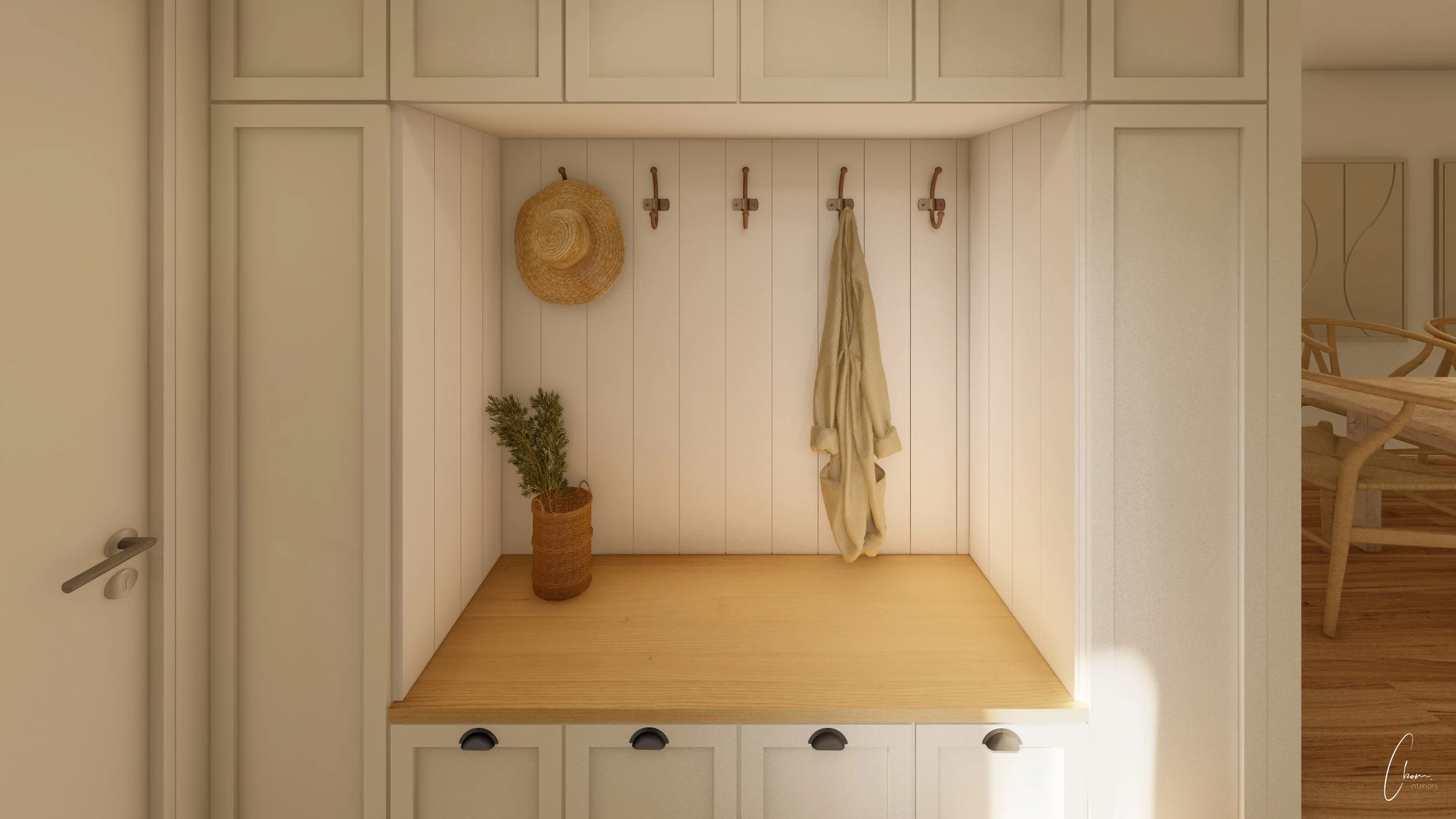 Bespoke cloakroom area in cream tones, interior design of a new build home in Bordeaux