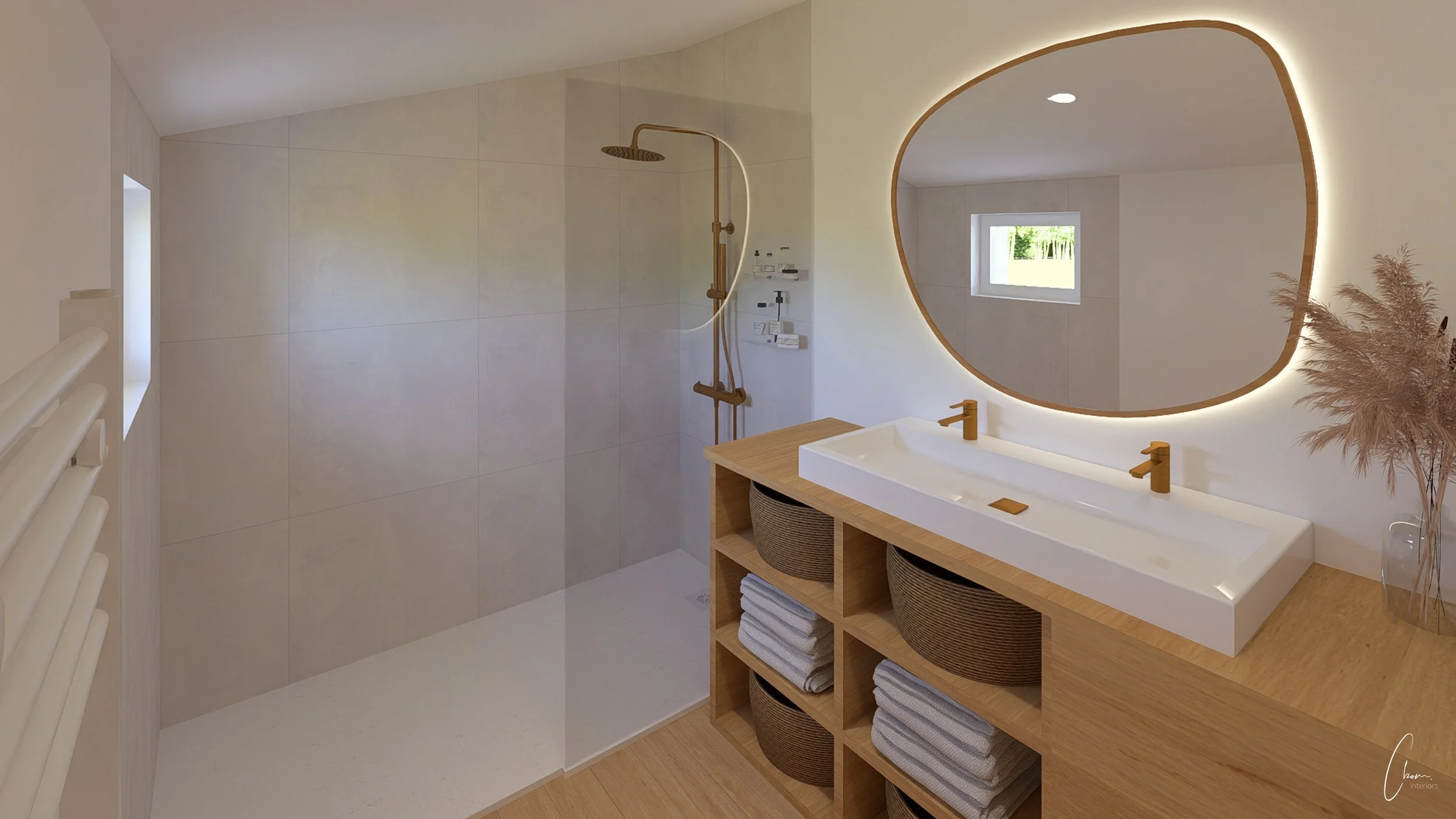 Bathroom in sand tones with walk-in shower and organic backlit mirror, 3D rendering near Bordeaux