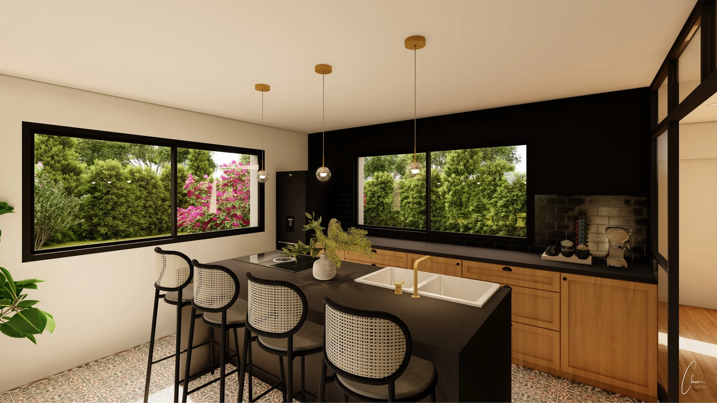 3D rendering of a kitchen with central island and cane bar stools, Bordeaux new build home opening onto greenery