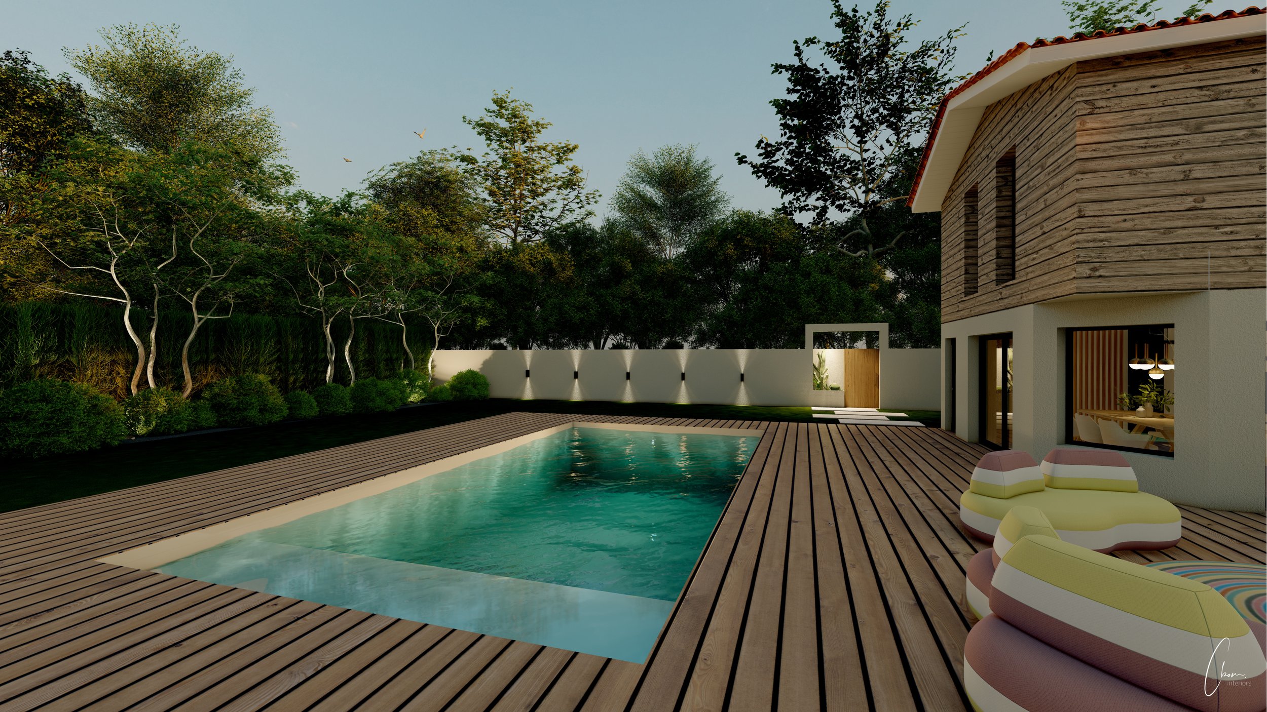 Piscine bordée d'une terrasse en bois et d'un jardin paysager, projet d'aménagement extérieur au Pyla-sur-Mer