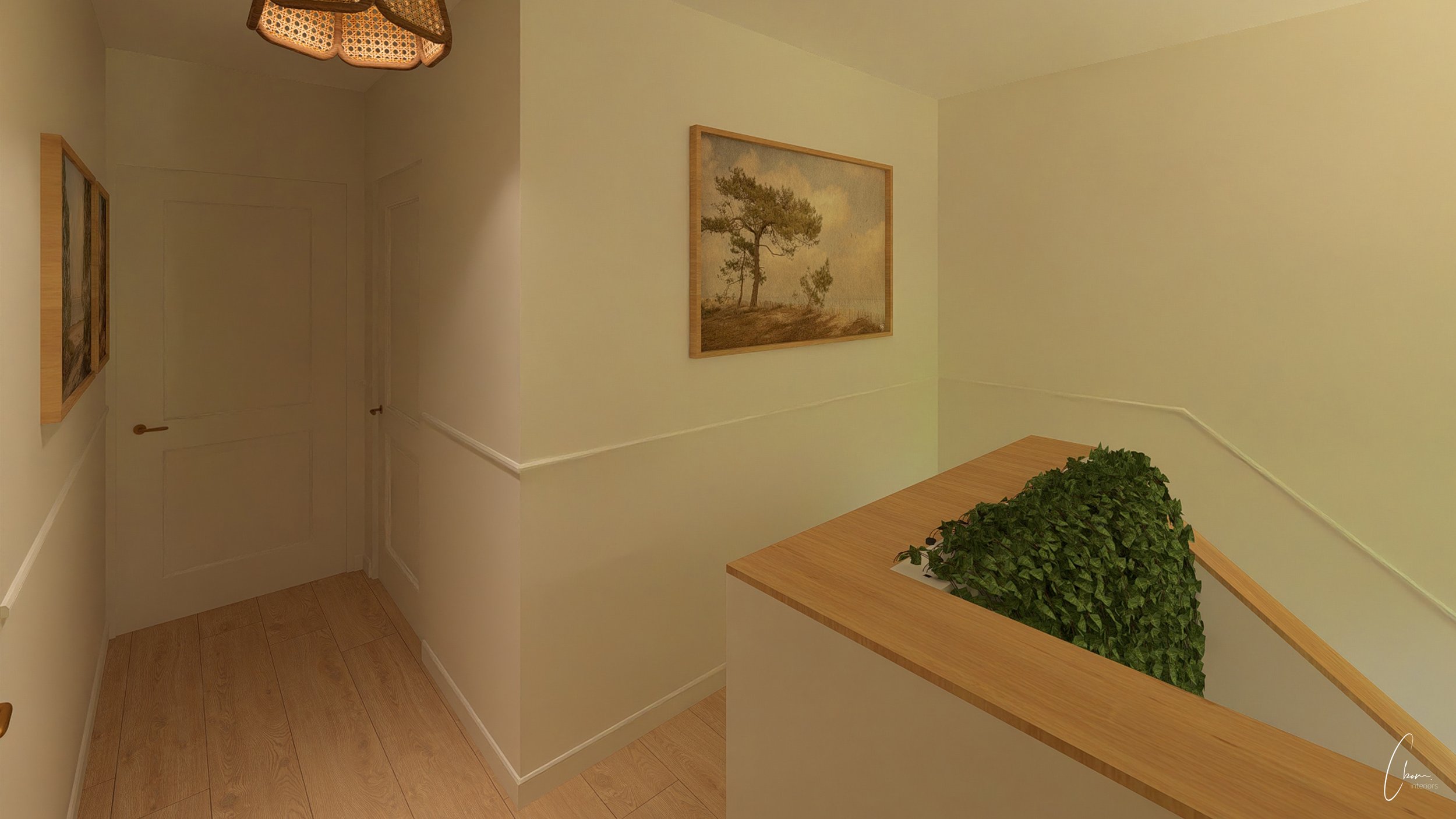 3D rendering of an upper landing with artwork, Lège-Cap-Ferret home in soft tones
