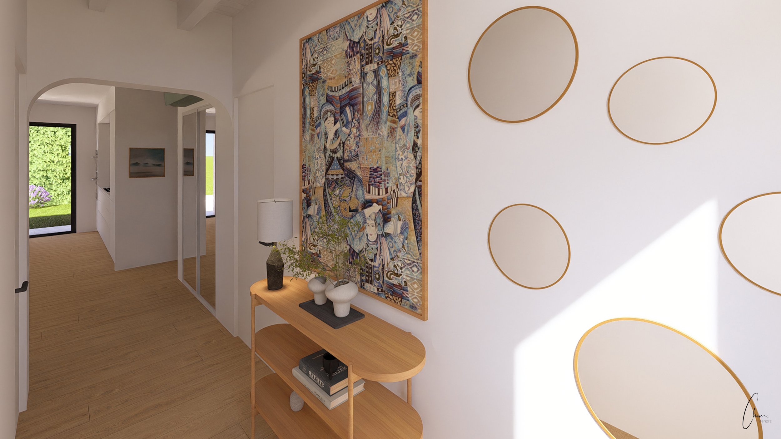 Couloir d'entrée avec console en bois et miroirs ronds, aménagement intérieur Maison Azul