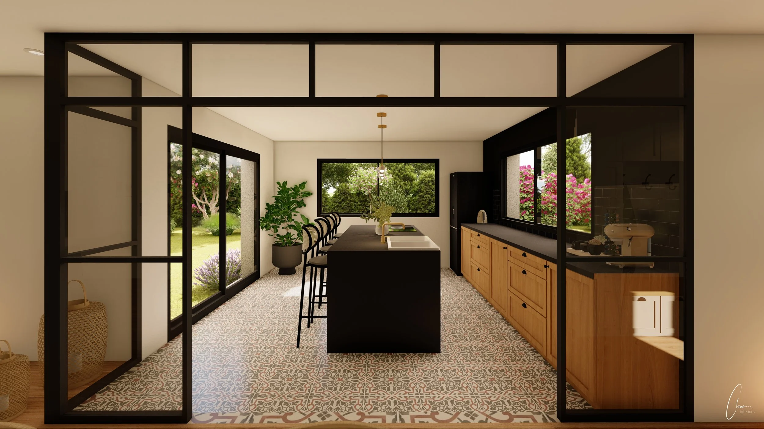 Cuisine contemporaine avec îlot noir et verrière, projet de construction à Bordeaux ouvert sur le jardin