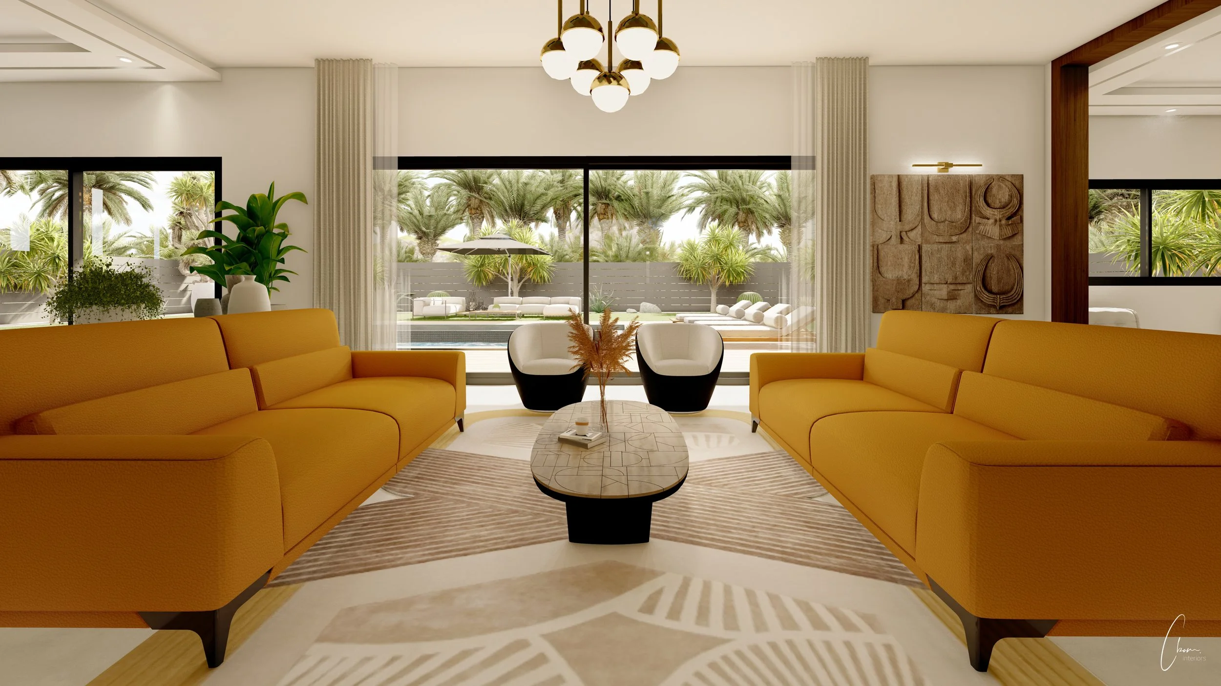 Pièce de vie avec canapés ocre ouverte sur la terrasse et la piscine bordée de palmiers, design d'intérieur d'une villa à Marrakech