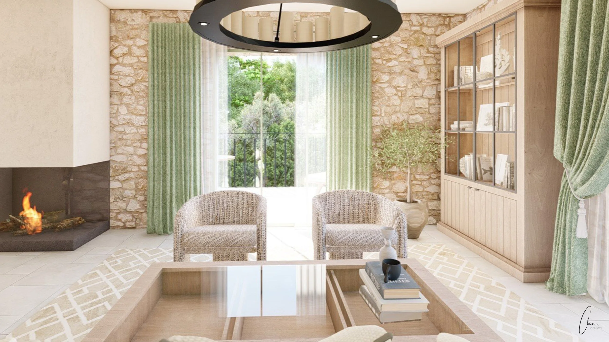 Suite lounge area with fireplace and exposed stone walls, design of a château in the Médoc