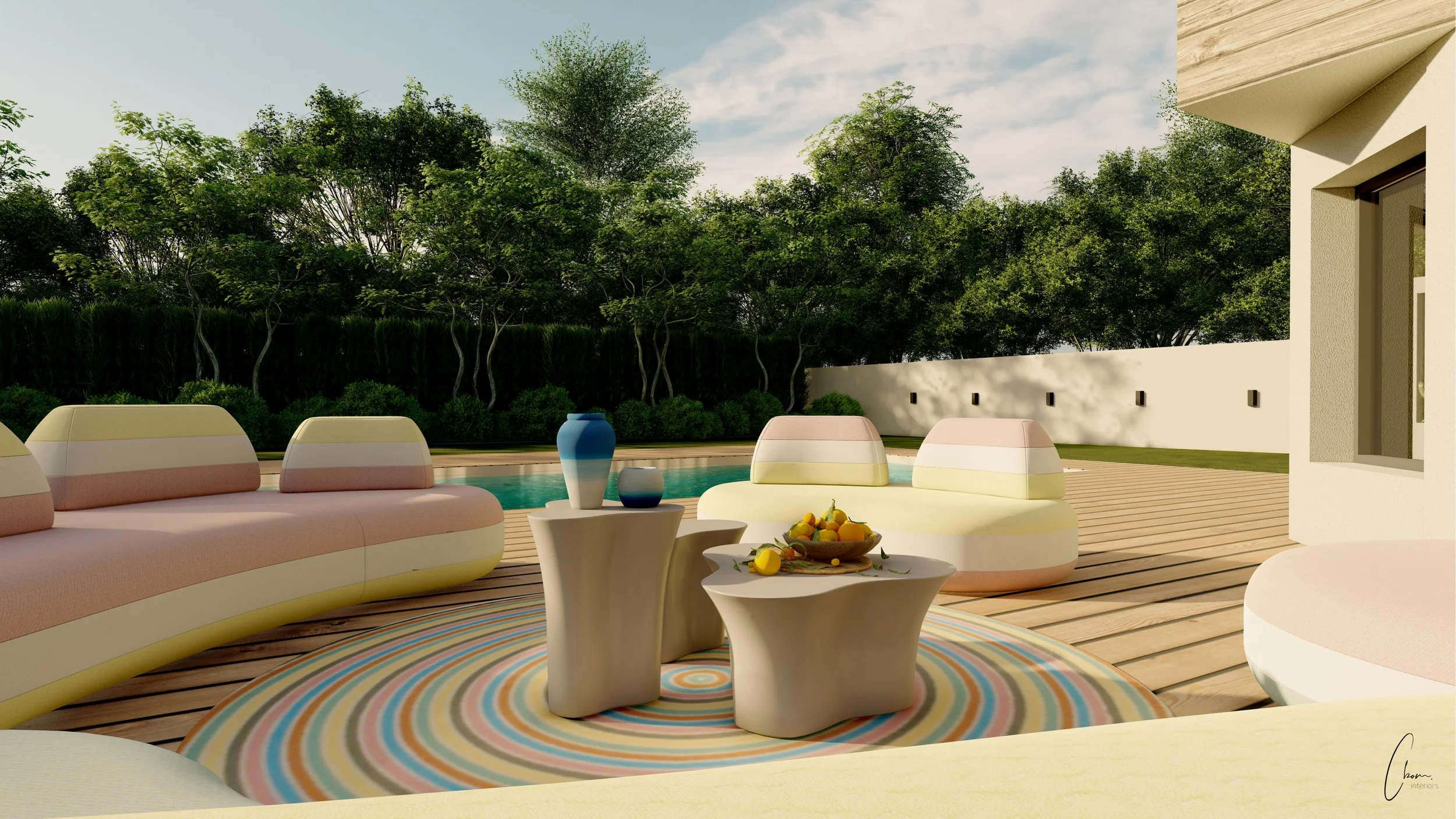 Coin détente extérieur coloré sur une terrasse en bois, conception 3D d'un projet au Pyla-sur-Mer