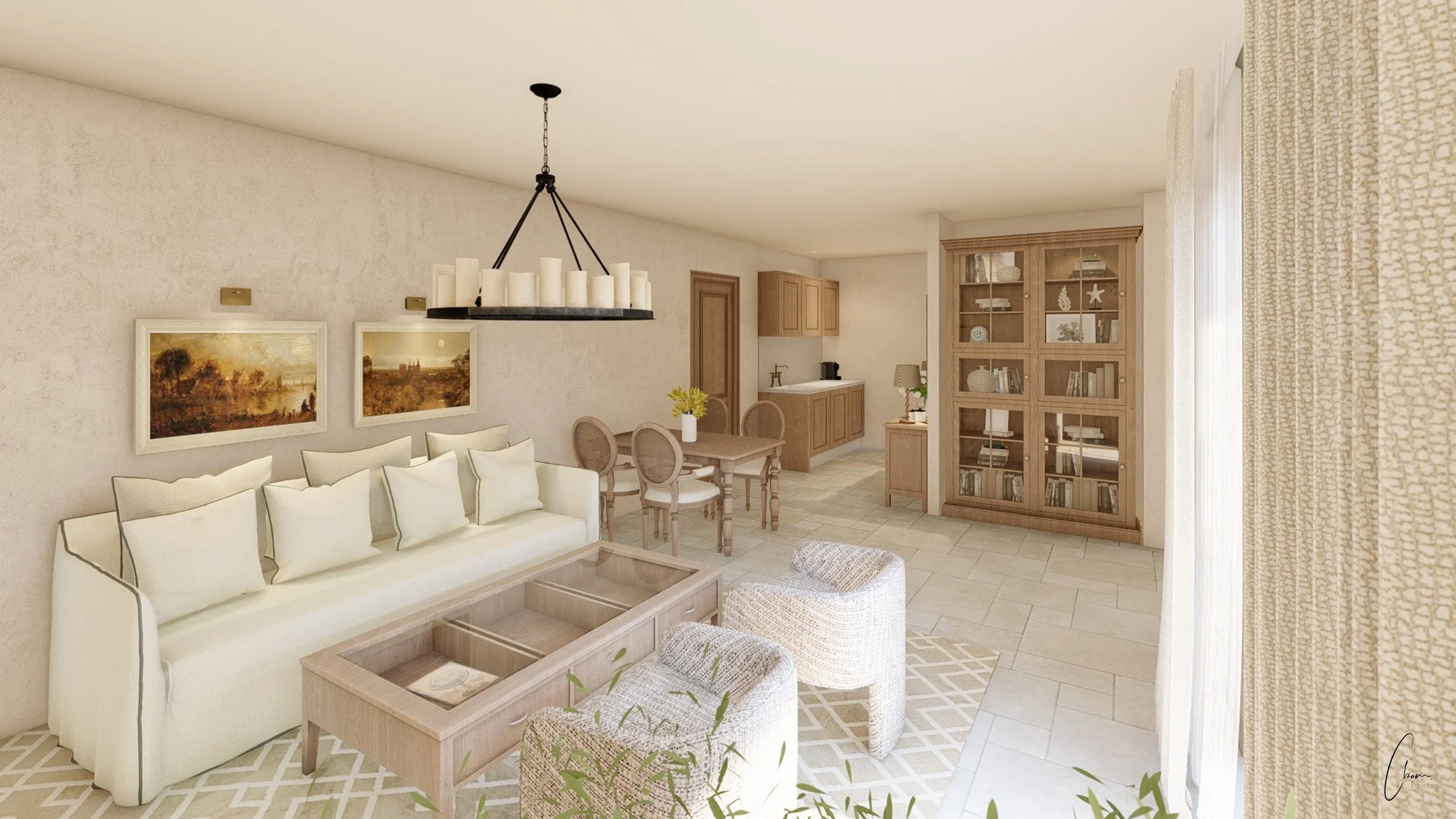 Hotel suite with lounge, dining area and autonomous kitchen in light tones, interior architecture of a château in the Médoc