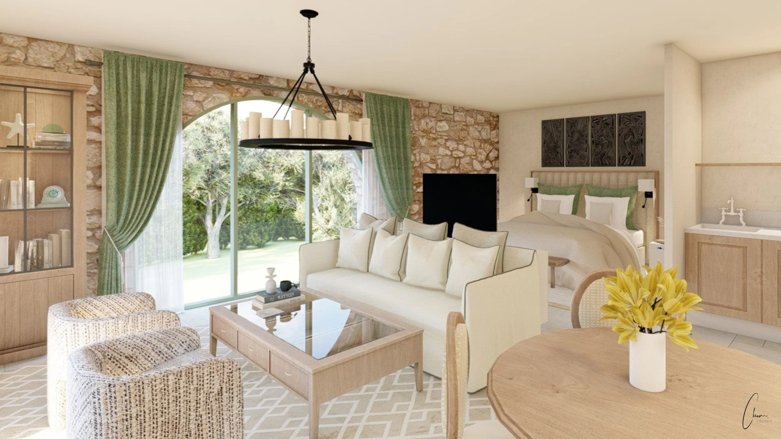 Suite avec espace salon et coin nuit ouverts, murs en pierre et baie cintrée, design d'intérieur d'un château en Gironde