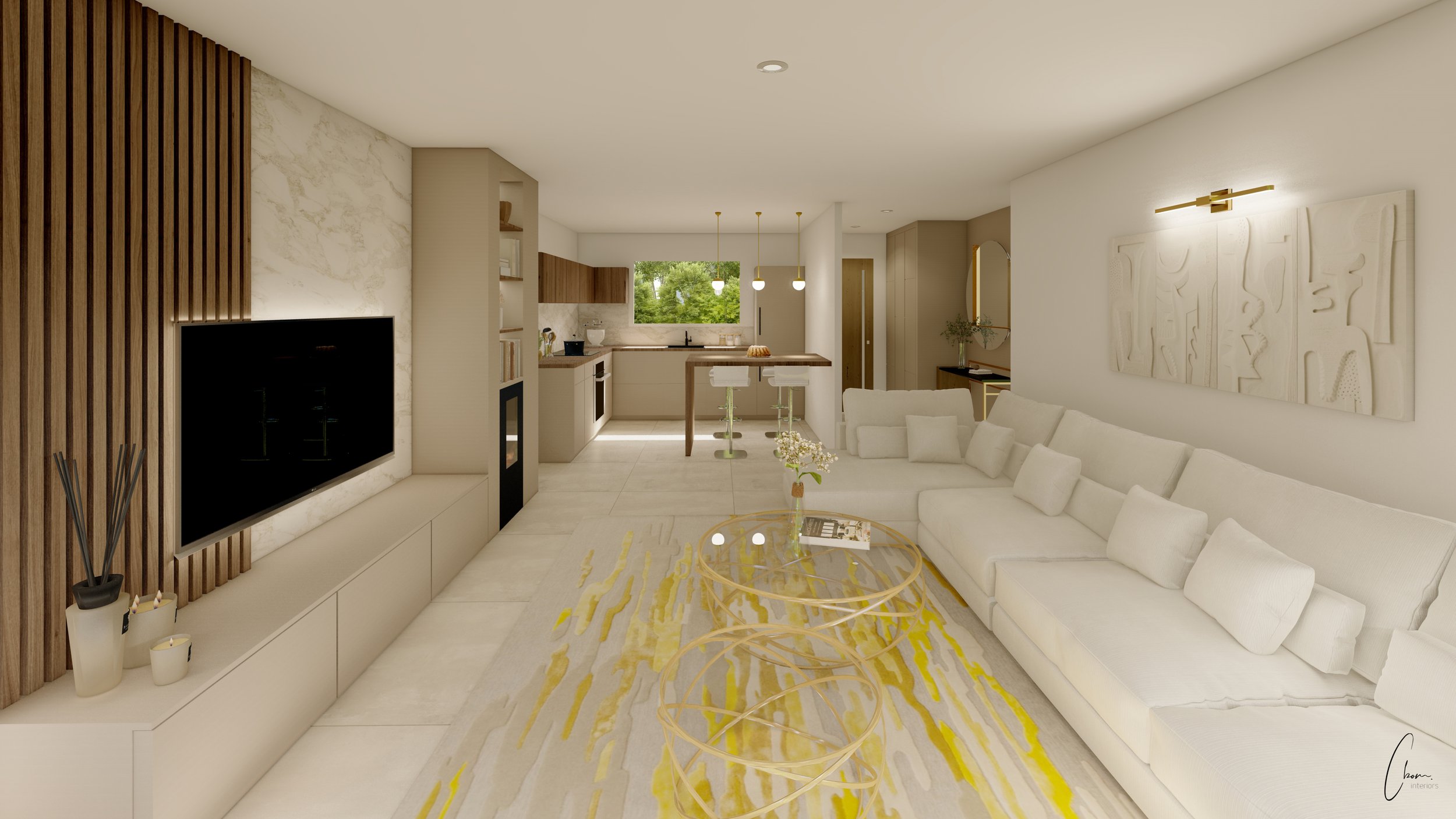 3D rendering of an open living space with lounge, kitchen and dining area, interior architecture project in neutral tones