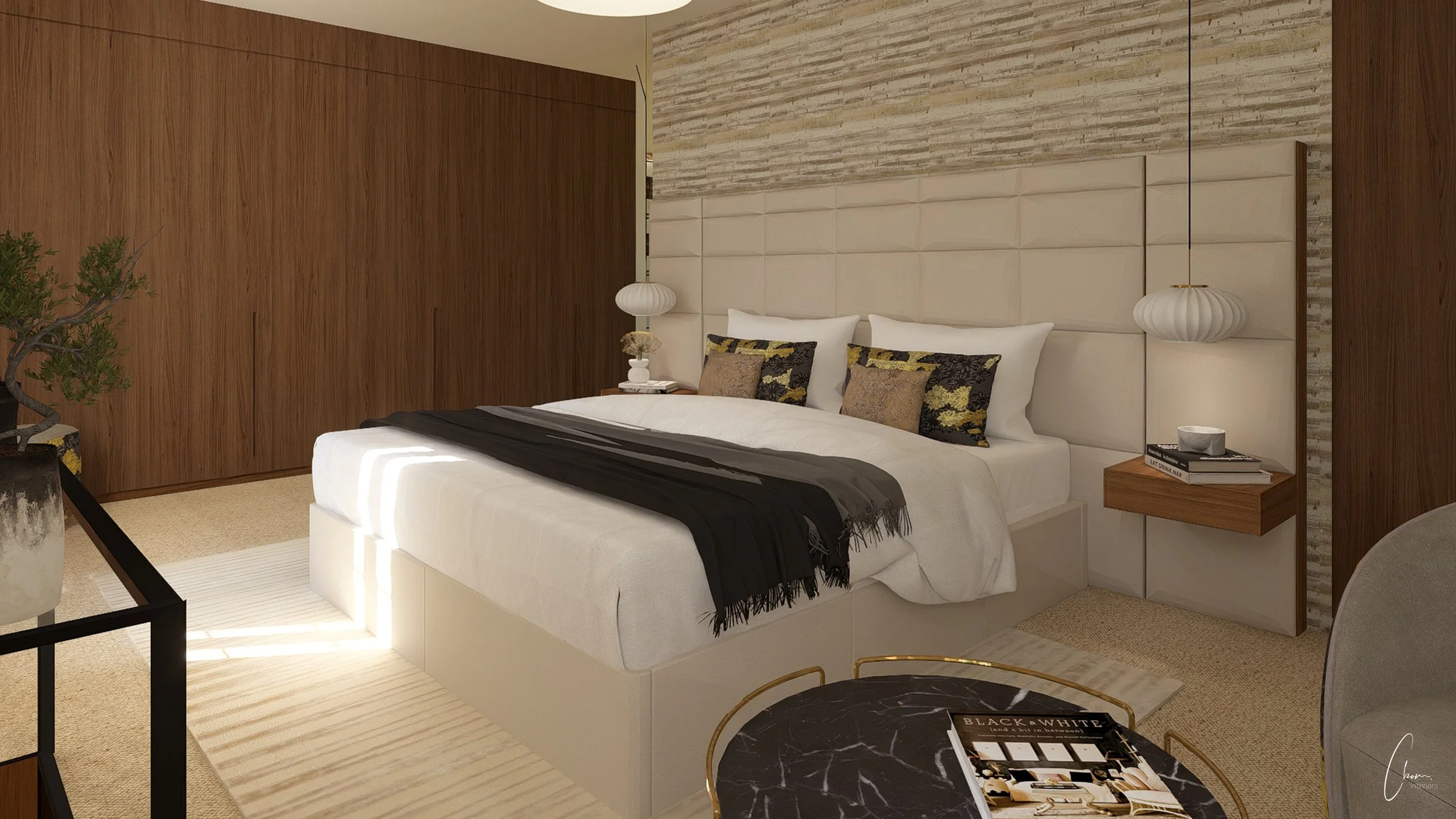 Détail de la suite parentale, luminaires design et textiles aux accents dorés. Mobilier rochebobois