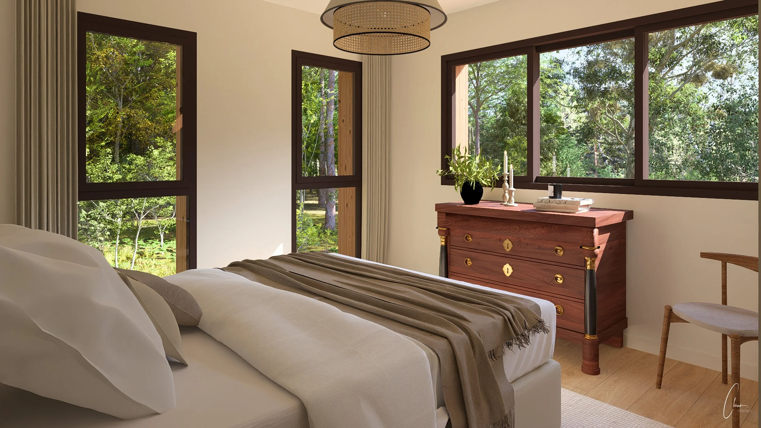 Chambre contemporaine avec vue sur les pins, aménagement intérieur d'une demeure près d'Arcachon