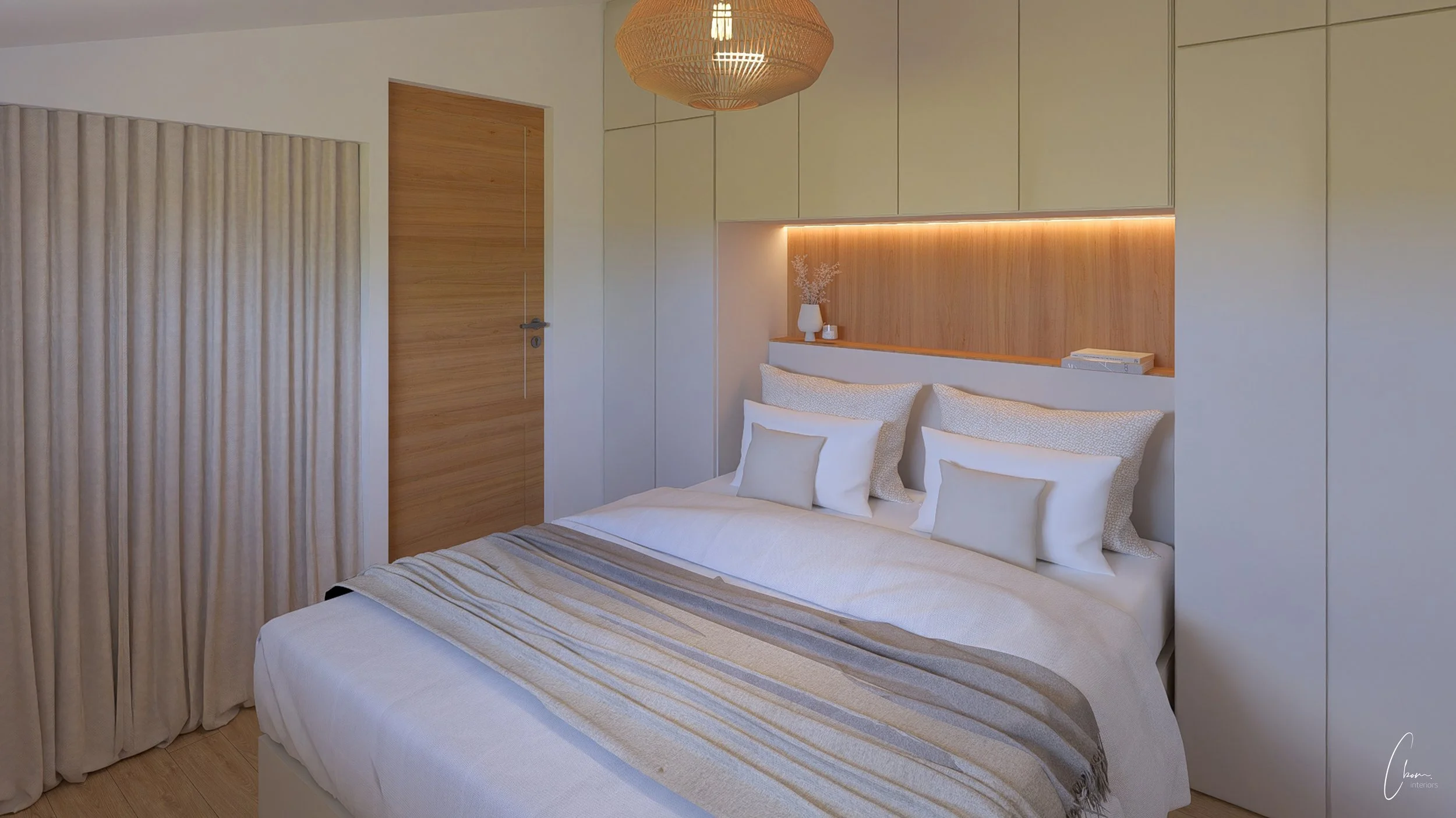 Rendu 3D d'une chambre aux tons clairs avec tête de lit en bois et rangements intégrés, projet proche de Bordeaux