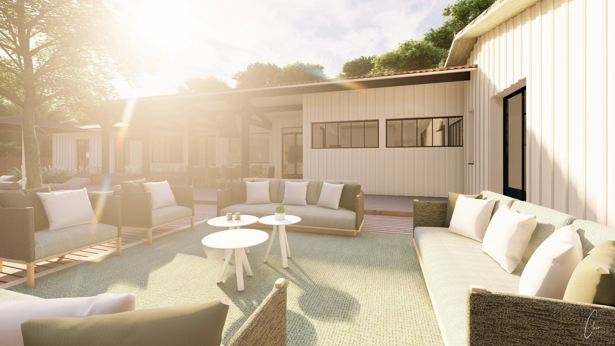 Espace détente extérieur baigné de soleil, rendu 3D d'un projet de design dans les 44 hectares du Cap Ferret