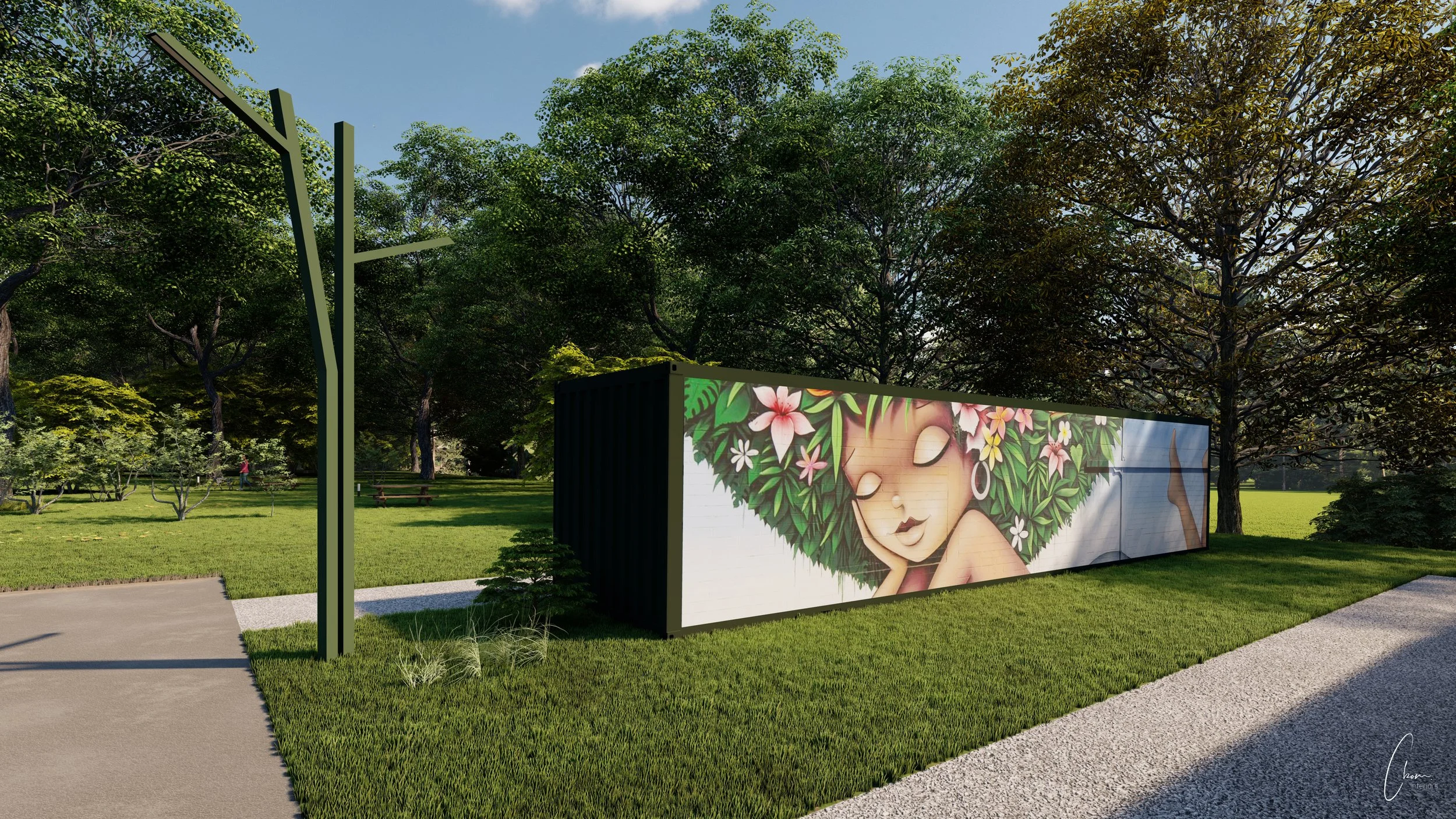 Rendu 3D d'un conteneur de stockage habillé d'une fresque florale, aménagement d'un espace artistique à Limoges