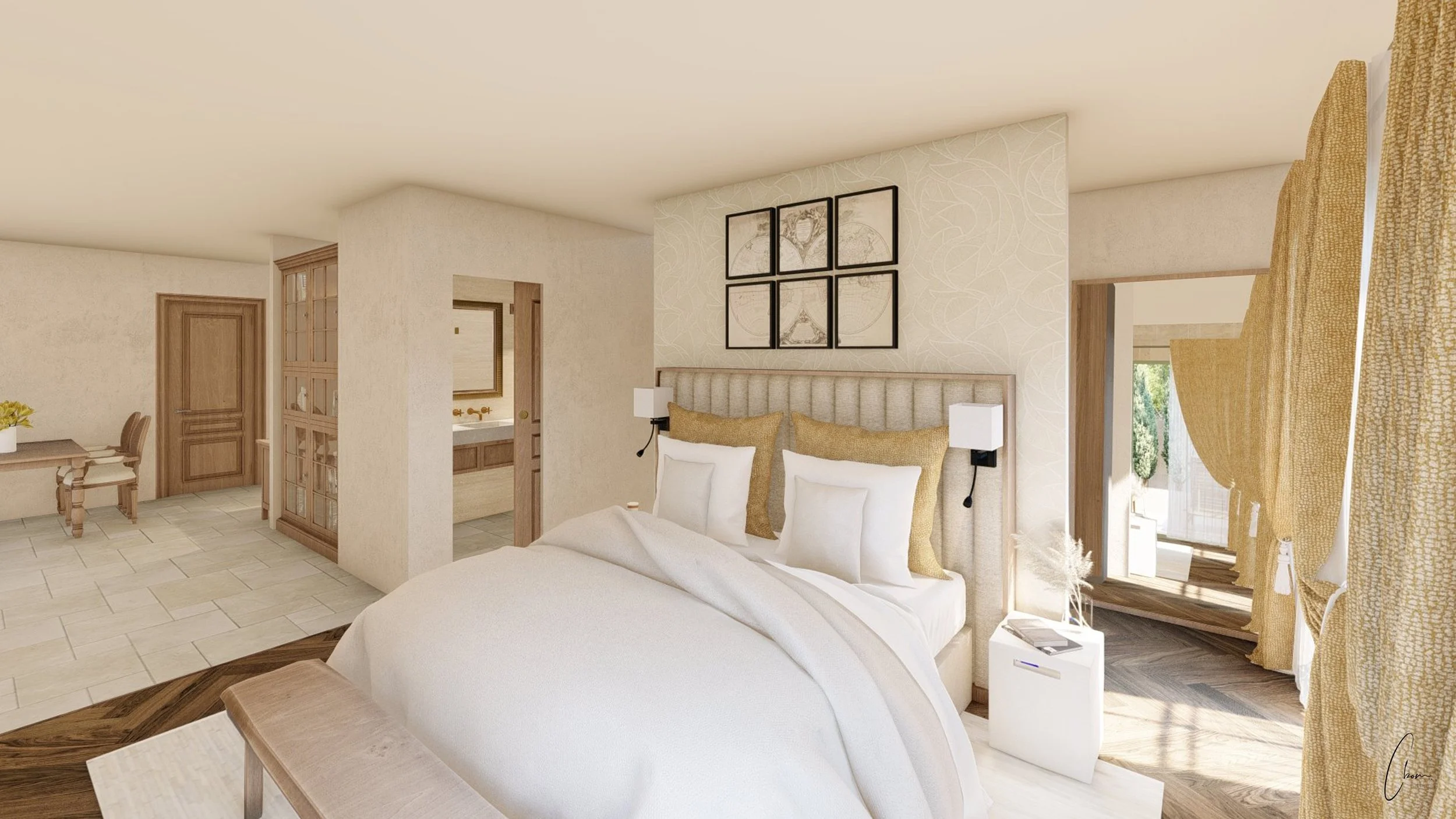 Suite bedroom open to the lounge area and bathroom, interior architecture of a château in the Gironde