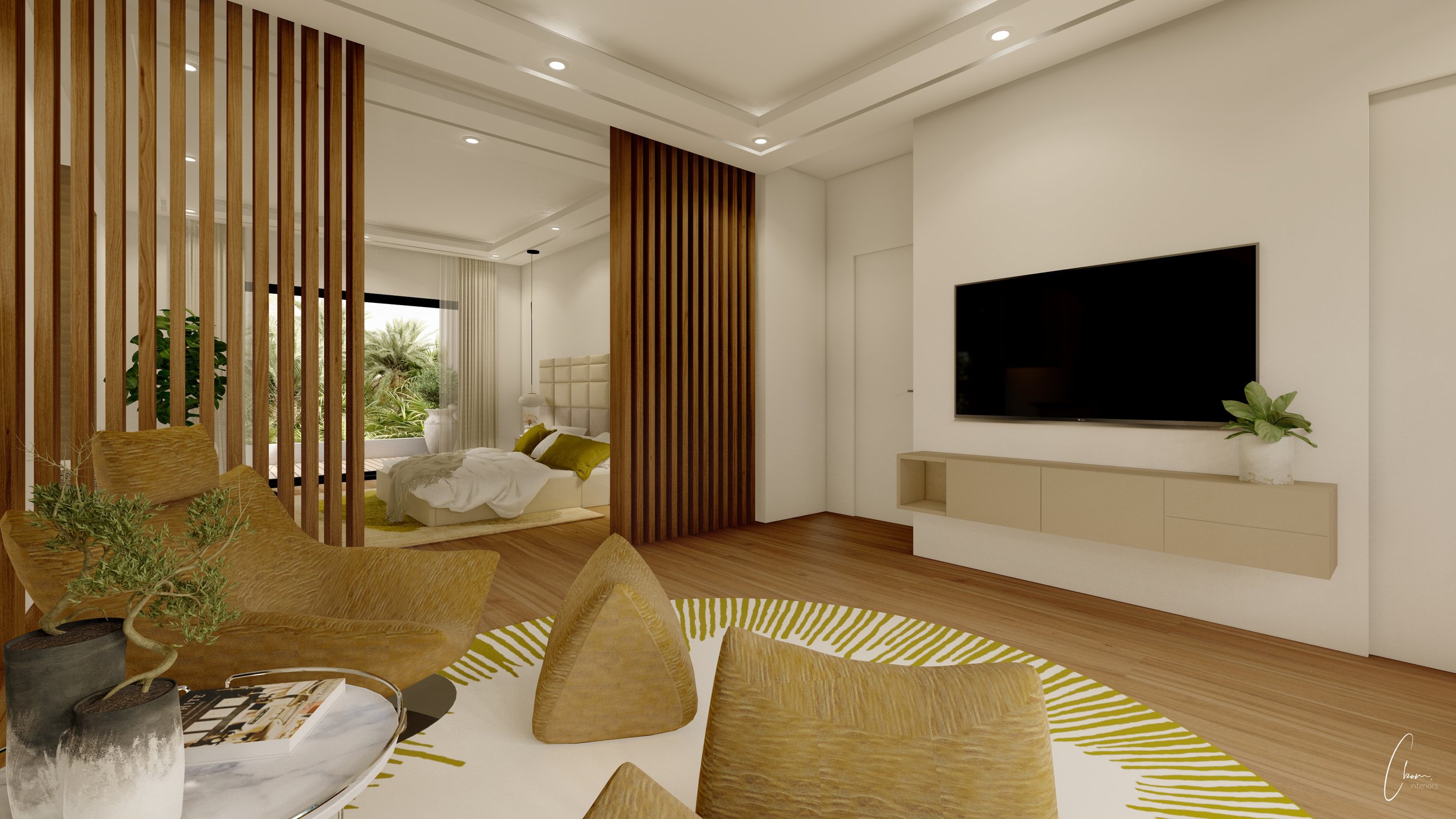 Master suite with lounge area and sleeping area separated by wooden slat partitions, interior design of a luxury Marrakech villa