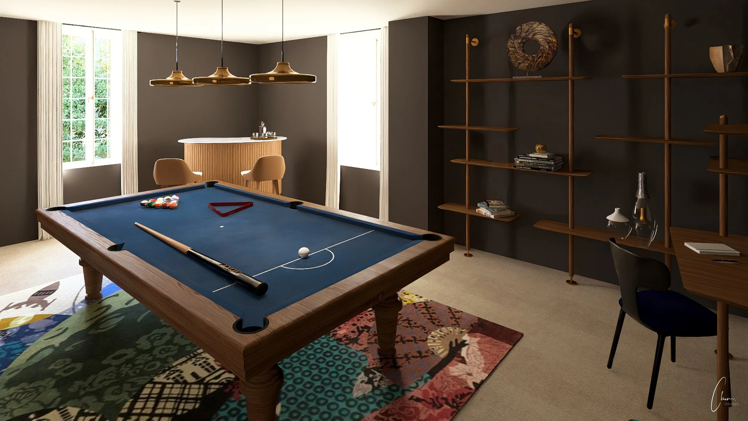 Détail de la salle de jeu, billard et coin bar, conception 3D d'un projet près de Libourne. Collection marcel wanders rochebobois