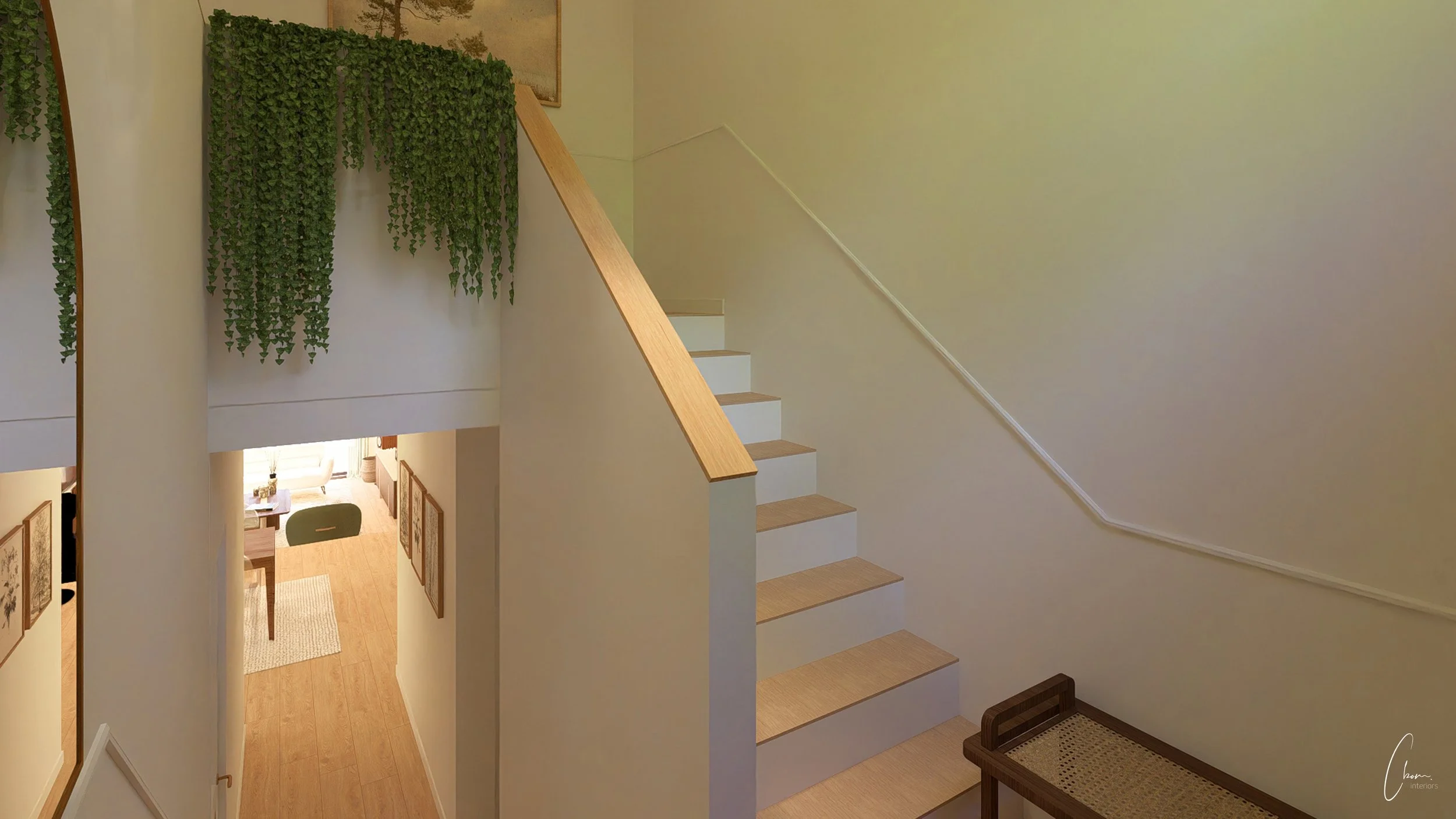 Entrée cage d'escalier lumineuse ouverte sur le séjour, conception 3D d'un projet de design d'intérieur