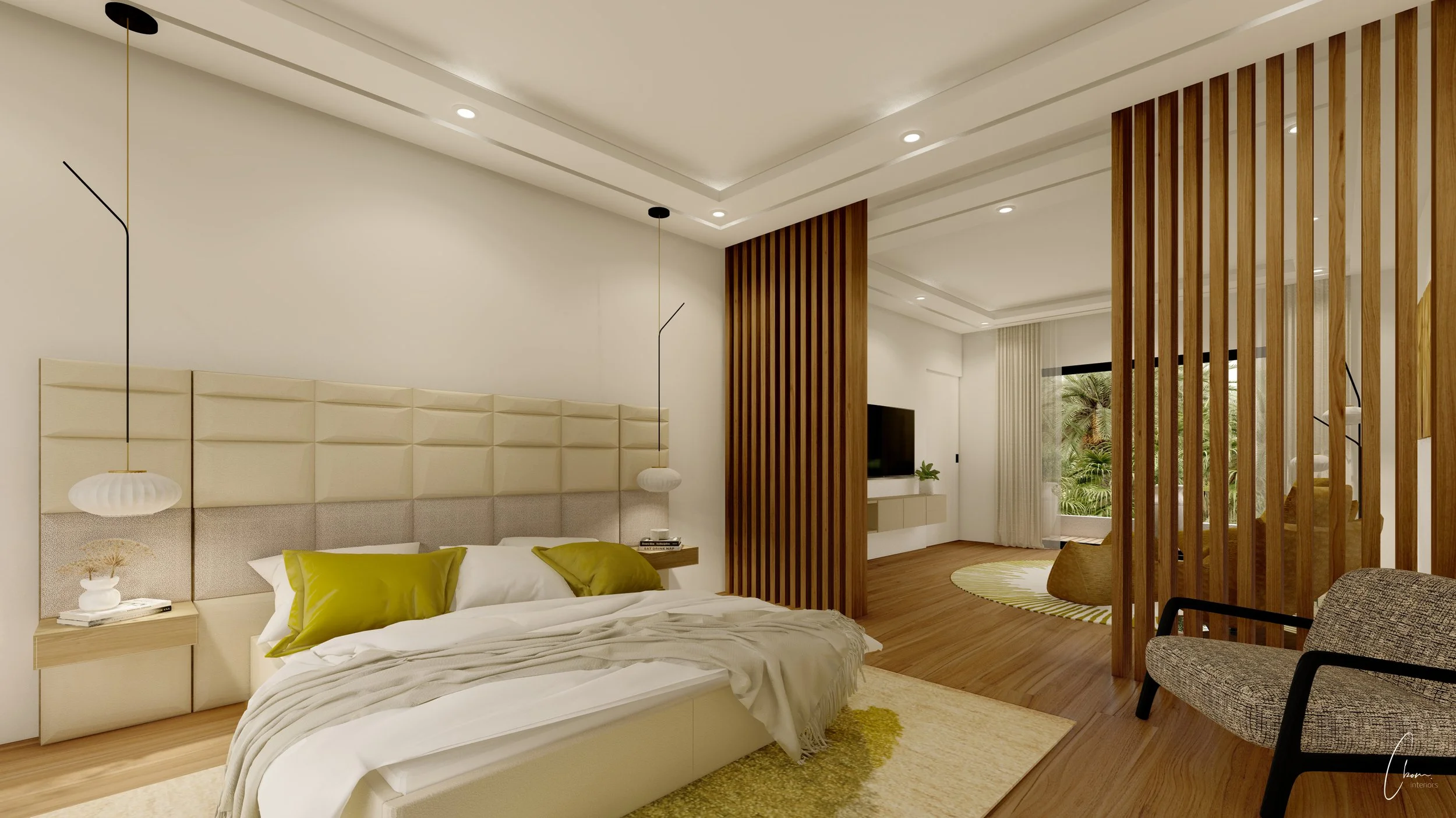 Master suite bedroom with upholstered headboard and anise green linens, interior design of a Marrakech villa