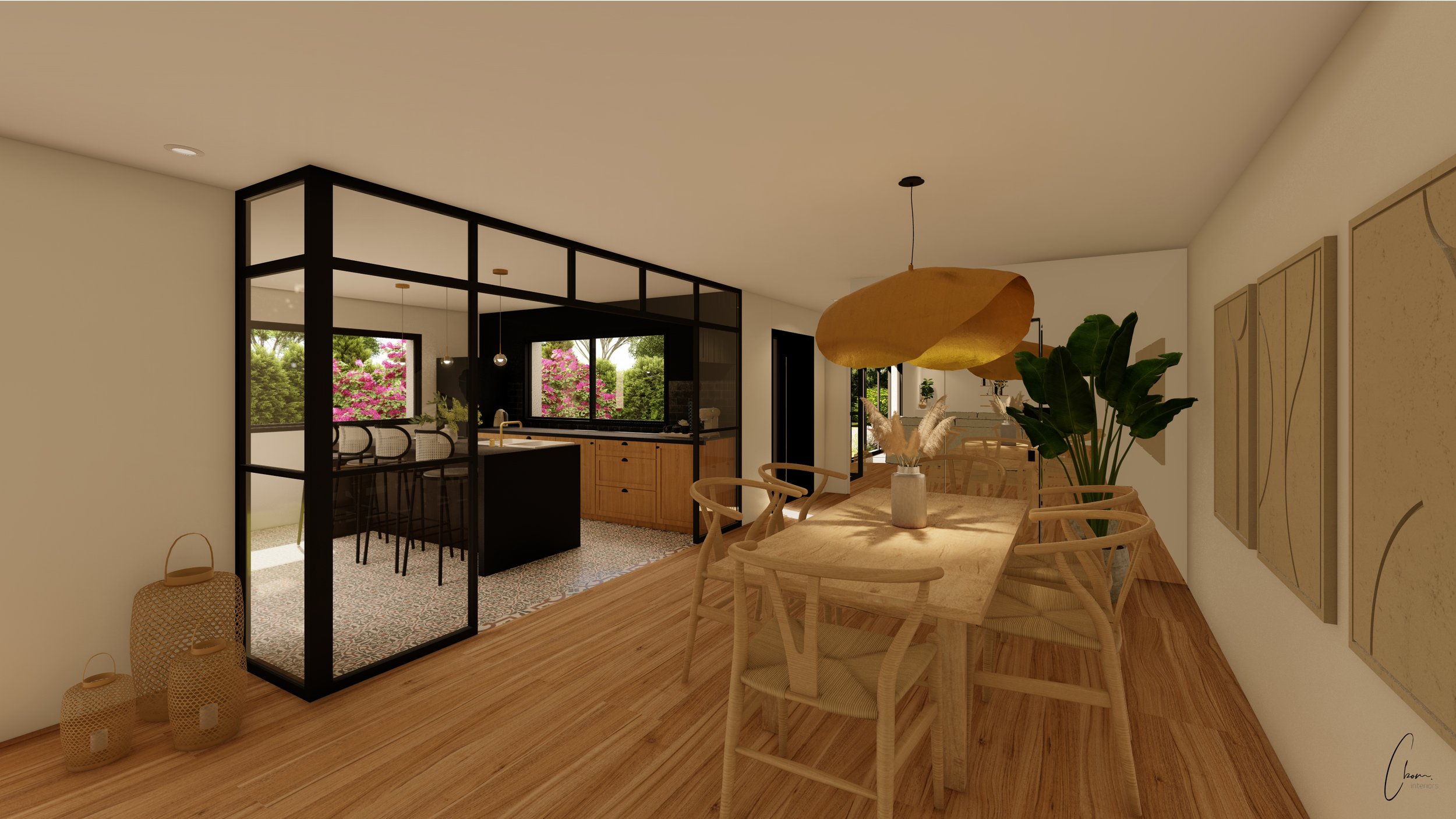 Dining room and kitchen open behind a black-framed glass partition, interior design of a new build home in Bordeaux