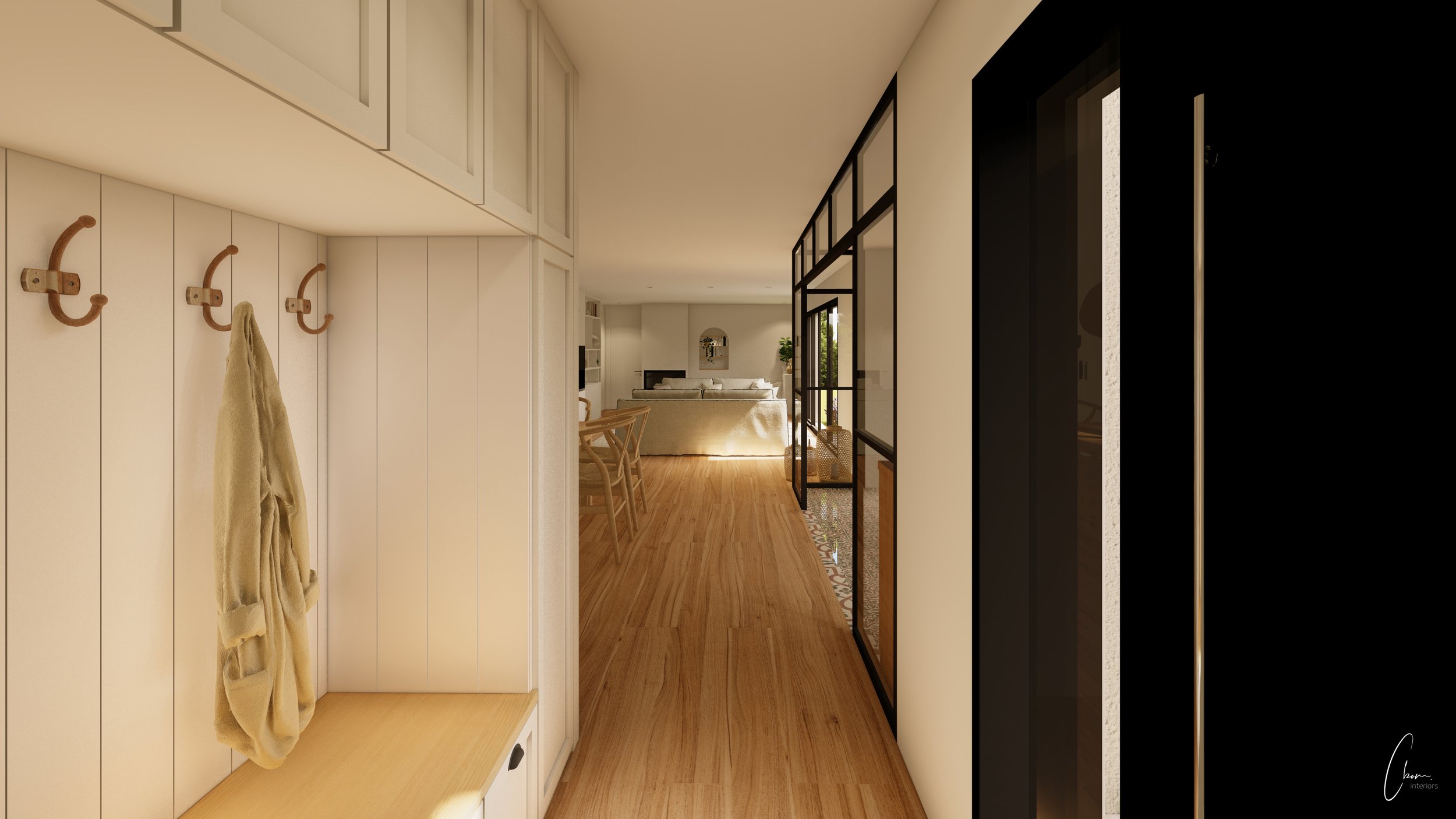 3D rendering of an entrance with bench and wooden coat hooks, Bordeaux new build project open to the living space