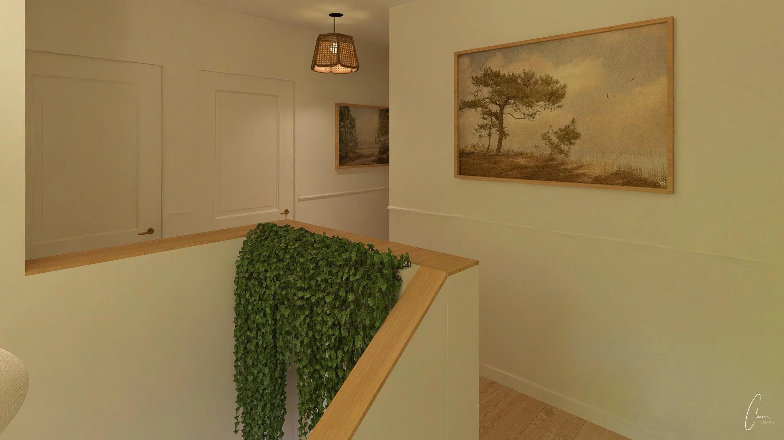 Rendu 3D d'un couloir d'étage avec tableaux inspirés du Bassin, maison près d'Arcachon