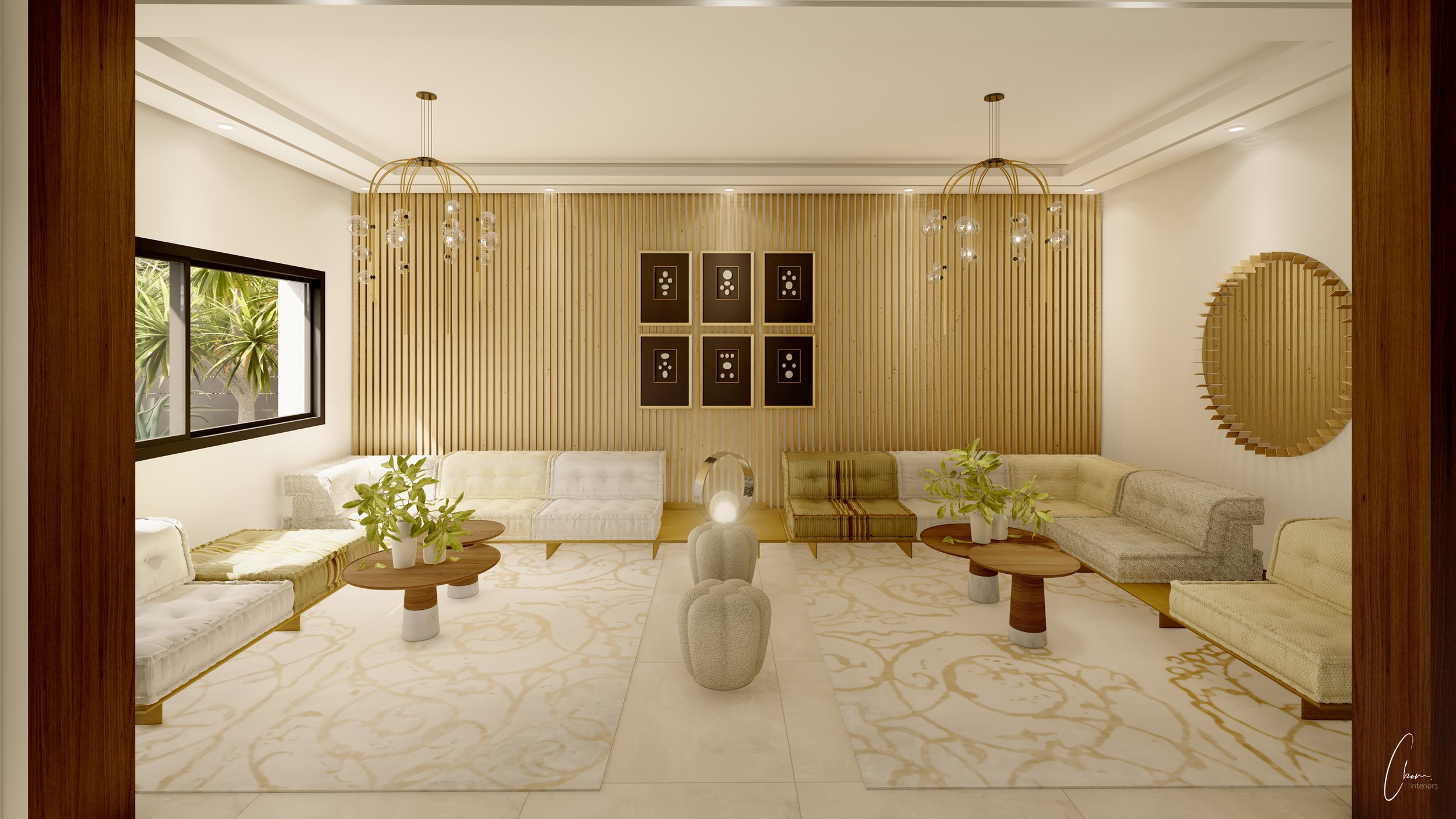 Moroccan reception lounge with banquettes and rugs in gold patterns, interior design of a Marrakech villa