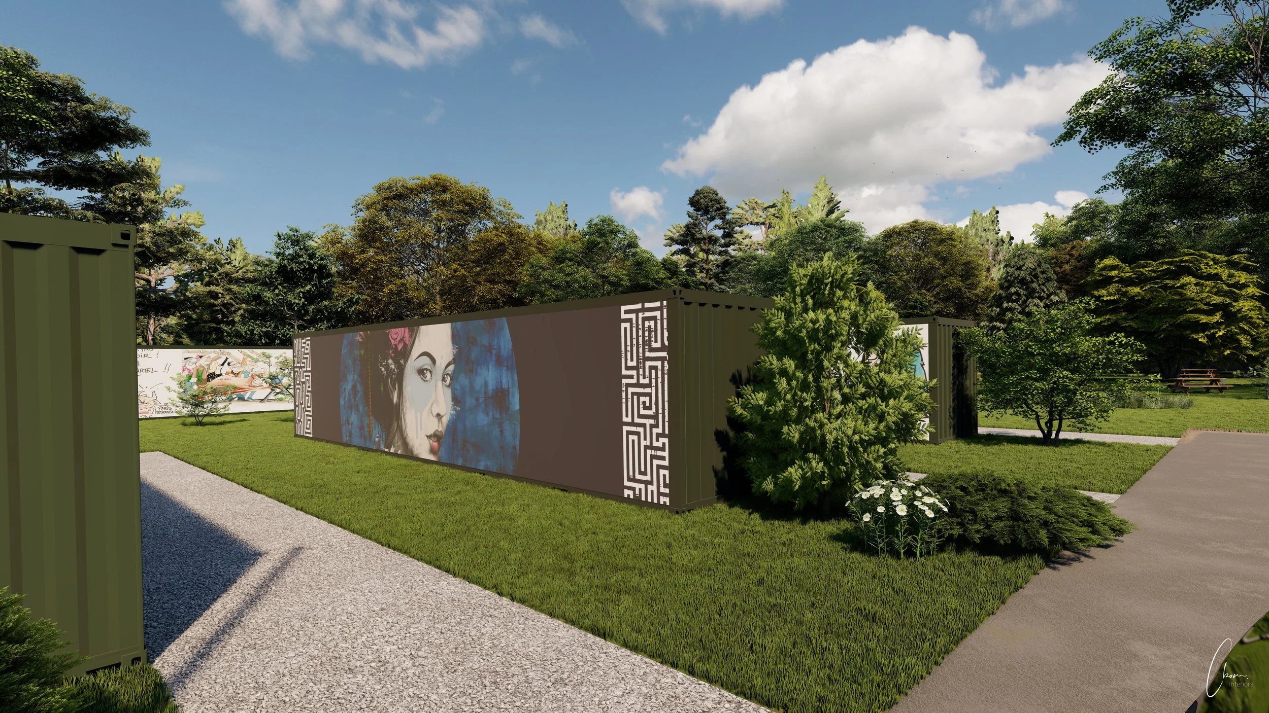 Conteneur orné d'une fresque de portrait féminin dans un parc arboré, espace artistique à Limoges