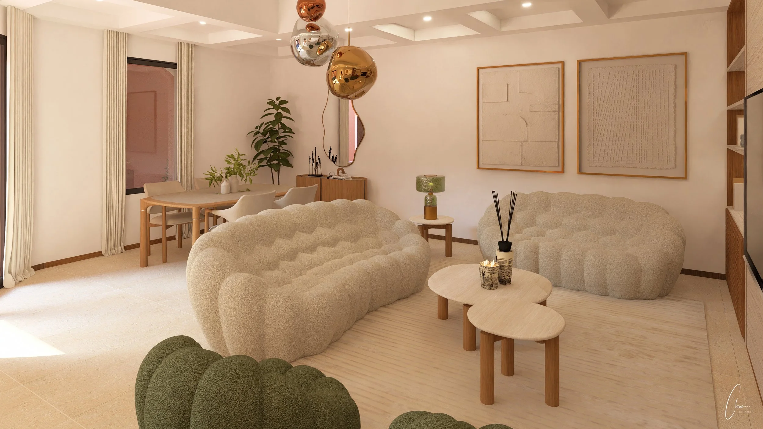 Contemporary relaxation space, interior layout around a built-in TV unit