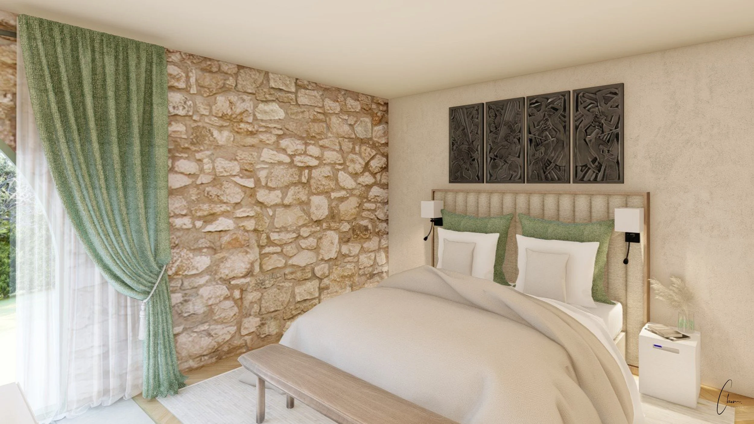 Suite bedroom with exposed stone wall and green linens, interior design of a château in the Médoc