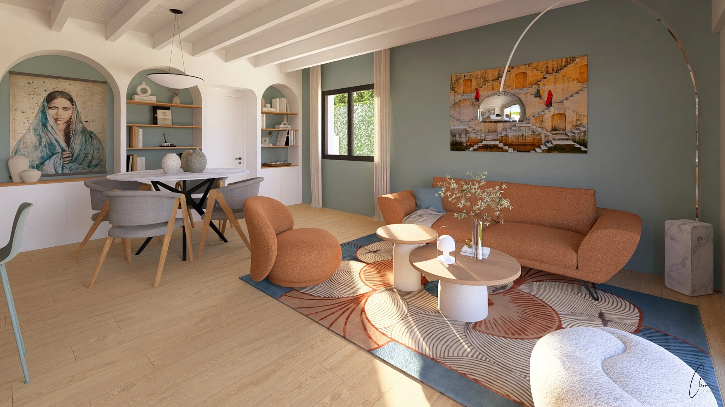 Warm living room open to the dining area, 3D design of an interior architecture project