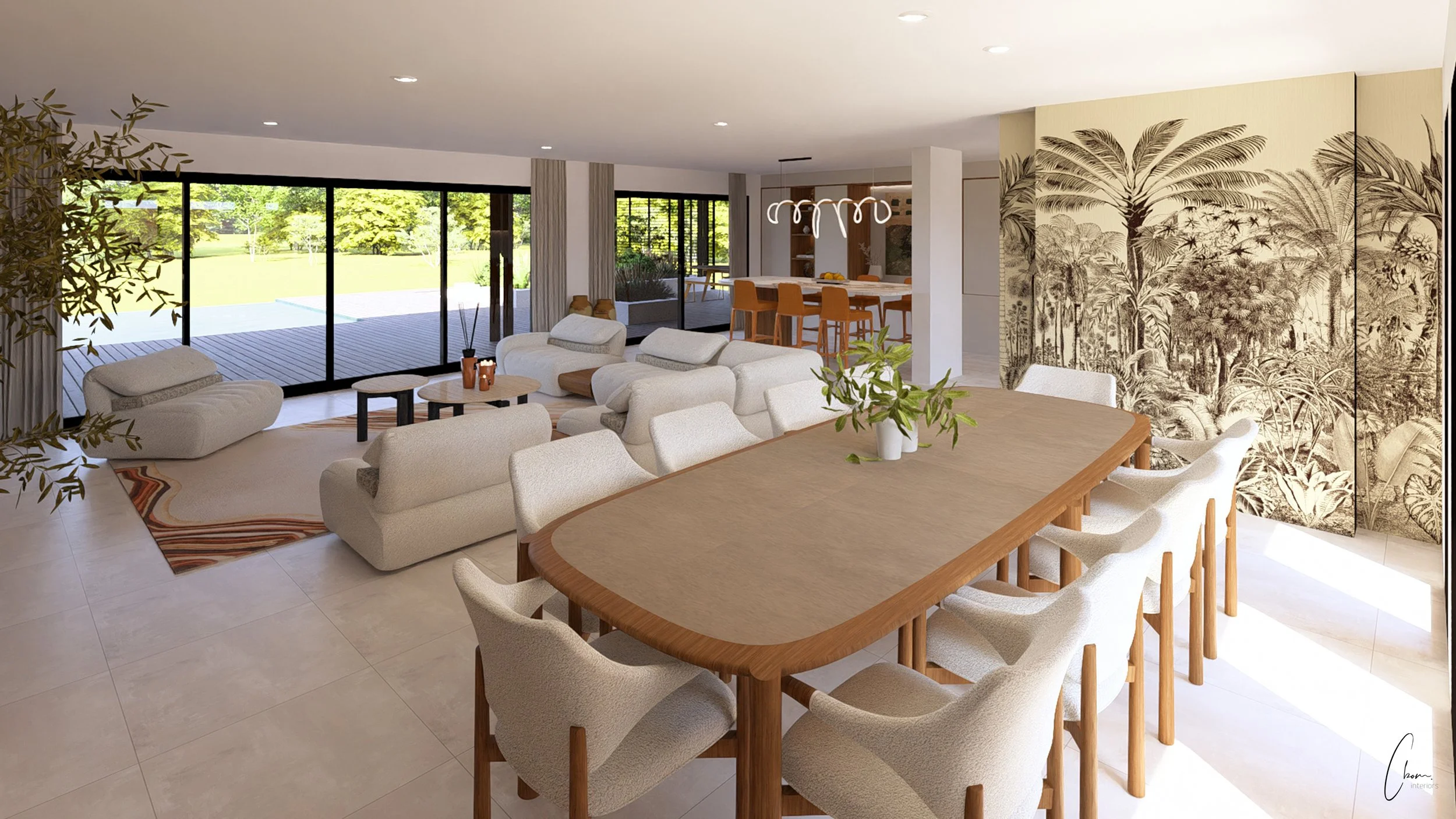 Open dining room and lounge, tropical wallpaper and bespoke furniture, Villa Terra