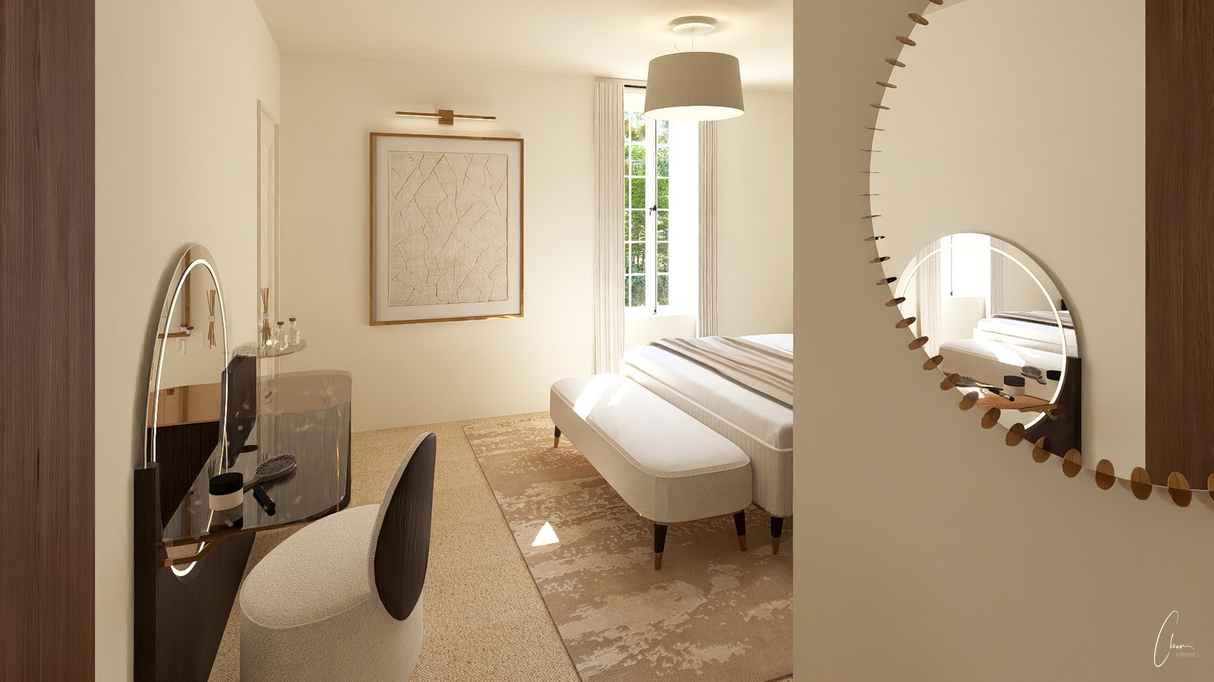 Chambre élégante aux tons crème, aménagement intérieur d'une demeure de caractère