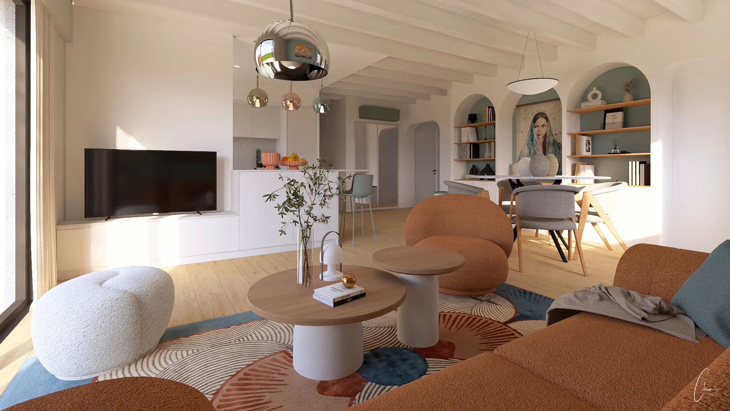 Rendu 3D d'un salon-séjour ouvert aux tons terracotta et bleu, projet de design d'intérieur Maison Azul