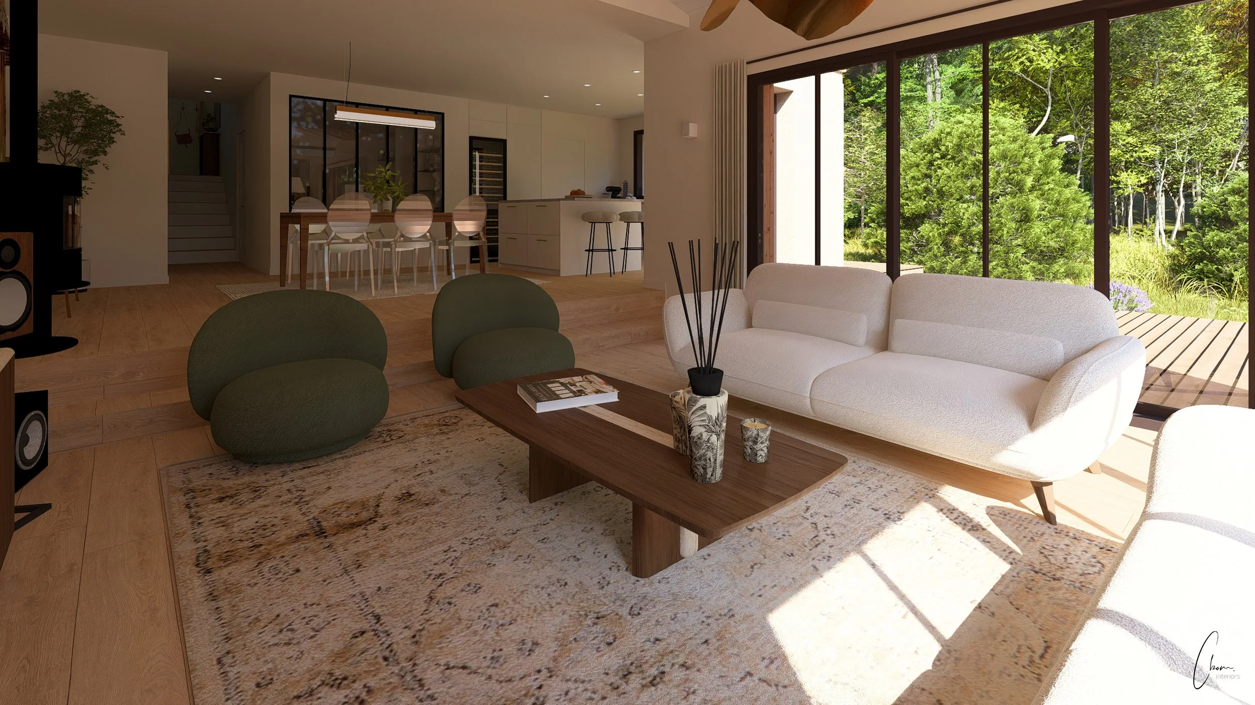 Salon-séjour ouvert sur la cuisine, aménagement intérieur d'une maison au Bassin d'Arcachon