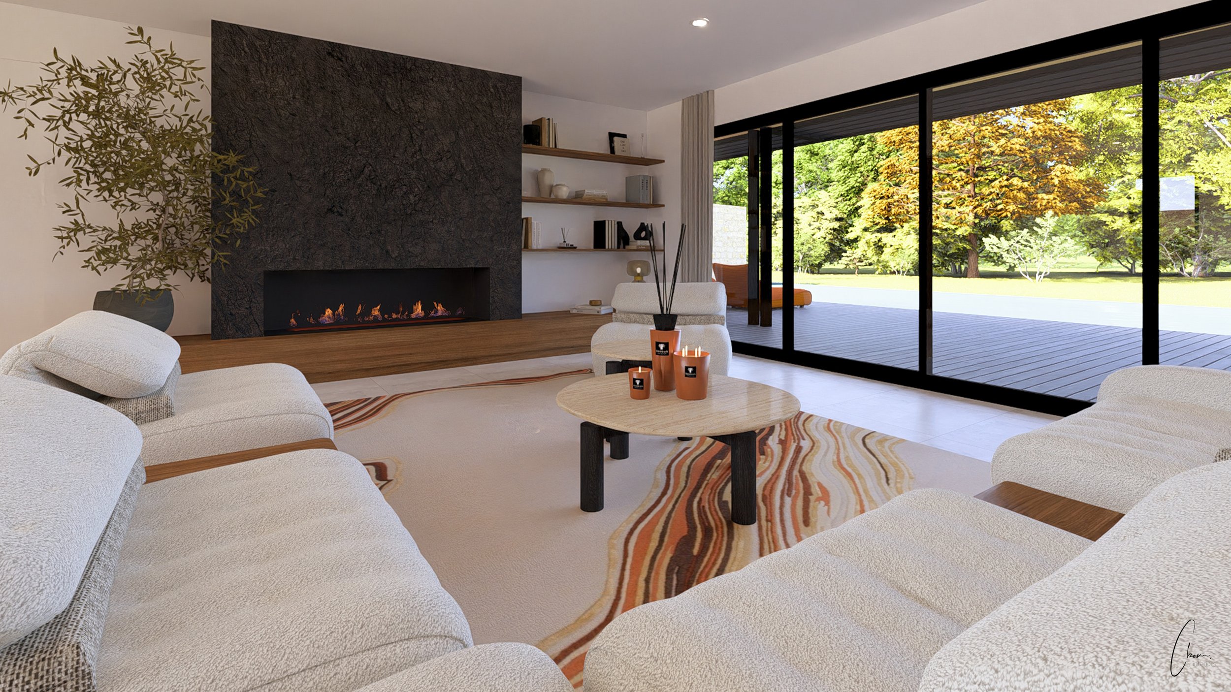 Contemporary seating area facing the stone fireplace, high-end interior design