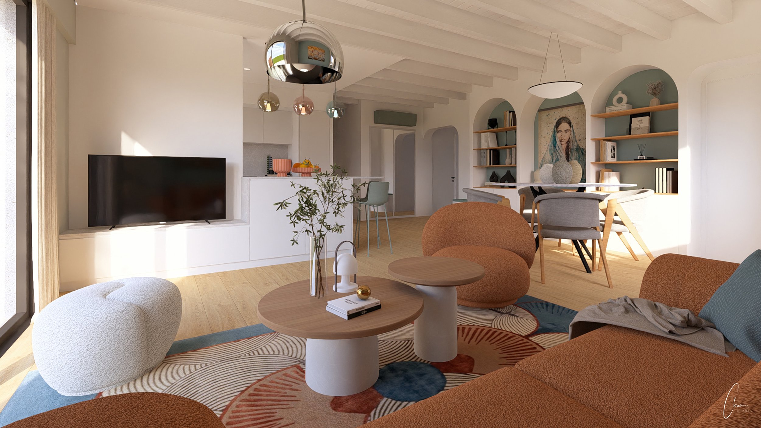 3D rendering of an open living and dining space in terracotta and blue tones, Maison Azul interior design project